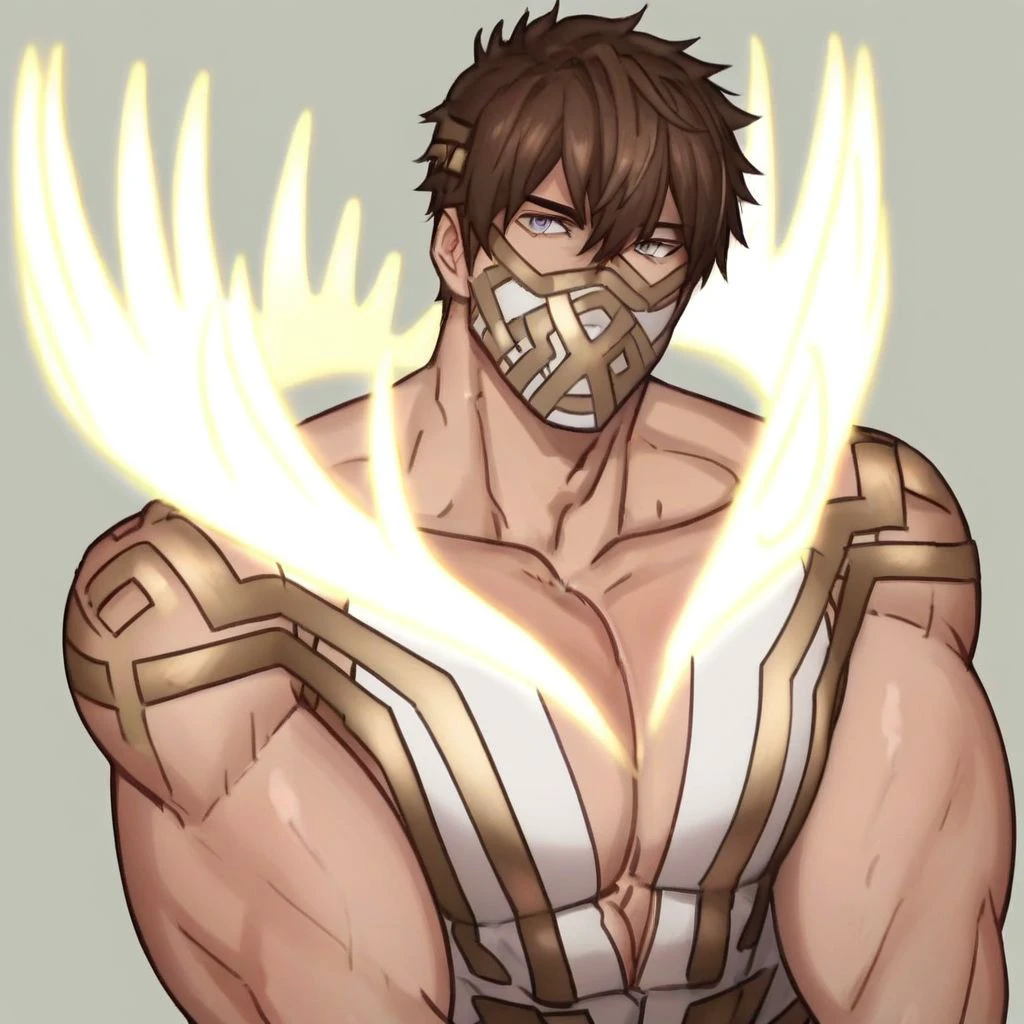 score_9, score_8_up, score_7_up, source_anime, anime screencap, anime coloring, looking at viewer, depth of field, 1boy, solo, male focus, portrait, muscular male, detailed background, detailed eyes, eikþyrnir, brown hair, mask, gray eyes, bara, (((plain background))), anime