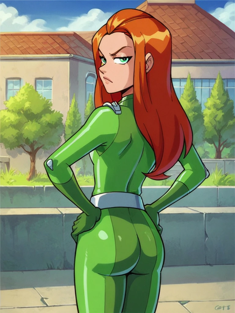 score_9, score_8_up, score_7_up, 
1girl, sam ts, long hair, orange hair, green eyes, 

standing, hands on hips, 
green bodysuit, from behind, ass,

frown, narrowed eyes, looking at viewer, outdoors, solo,