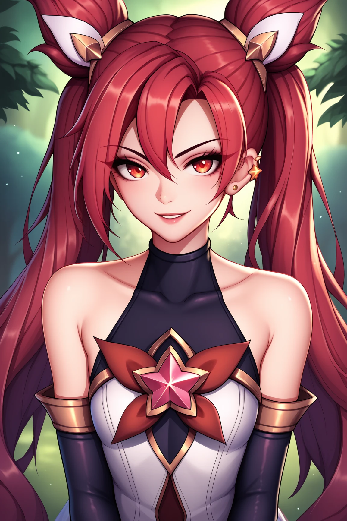score_9, score_8_up, score_7_up, score_6_up, score_5_up, score_4_up, JinxSGLoLXL, star guardian (league of legends), red eyes, red hair, hair between eyes, twintails, cone hair bun, long hair, bangs, ear piercing, small ,  shoulders, white dress, star (symbol), black elbow gloves, white elbow gloves, solo, front view, (portrait, upper body), solo focus,  smile, looking at viewer, forest, tree <lora:JinxSGLoLXL:0.8>