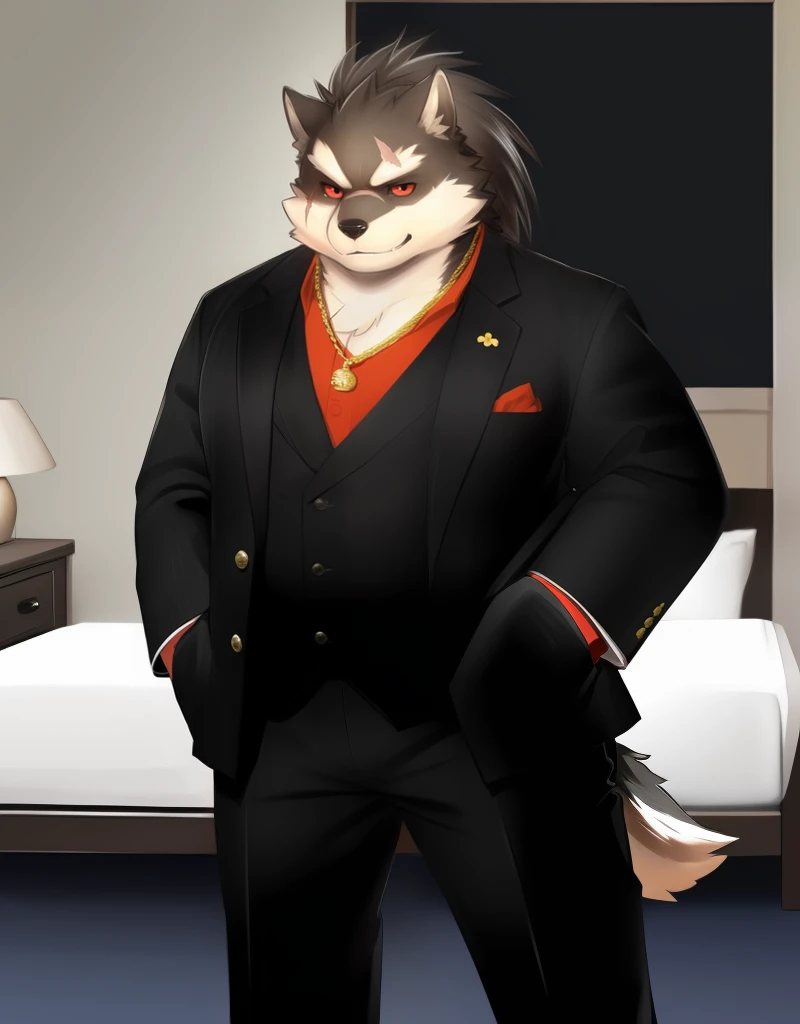 (((detailed eyes, detailed face))), (furry, shino  <lora:character_shino_findigo_v1:0.9>, two-tone fur, ponytail, dog boy, snout, black eyes, scar, tattoo, red sclera), male, (solo), (plump, fat, chubby, overweight), (black suit, long sleeves, gold necklace, black pants, red shirt), standing, (arms behind back), smile, (front view) BREAK (konzaburou, ukan_muri), bedroom, (flat shading, high brightness), 8k, UHD, masterpiece, (full body), (scar on face, scar on cheek, scar on chest, scar on arm, scar on nose)