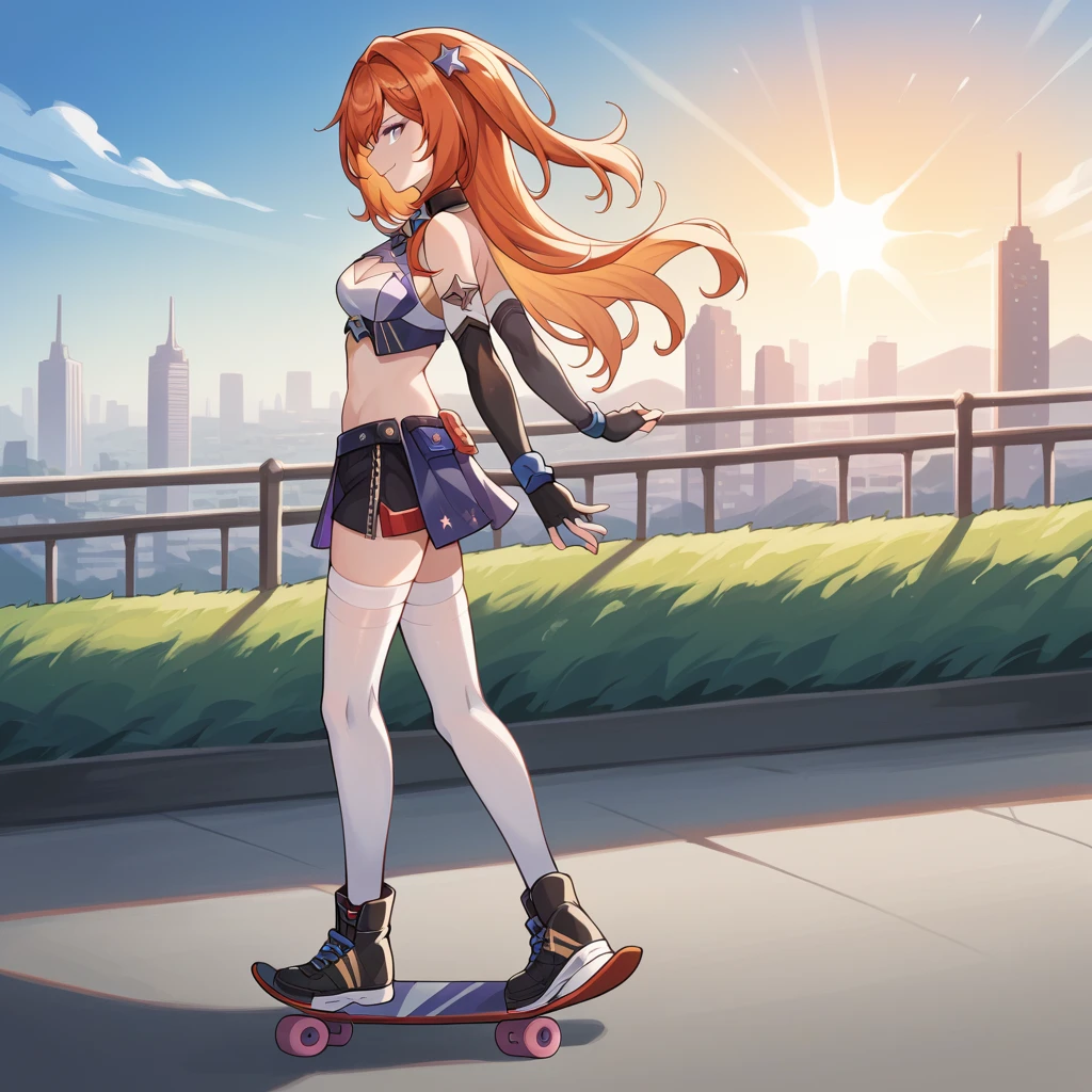 score_9_up, score_8_up, score_7_up, score_6_up, source_anime, 1girl, solo, Senadina, Sena_Default, extremely detailed fine touch, sun rays, ray tracing, masterpiece, best quality, highly detailed, close up, bend knees, side profile, skateboarding, from side, skateboard, skating, ramp, confident smile, tongue, in motion, long hair, blue eyes, gloves, red hair, black gloves, fingerless gloves, orange hair, streaked hair, clothing cutout, star hair ornament, detached sleeves, skirt, navel, midriff, white thighhighs, crop top, ankle boots, short shorts, one side up, cleavage cutout, portrait, medium breasts, mature body, dynamic cowboy shot, outdoors, cityscape, skate park background