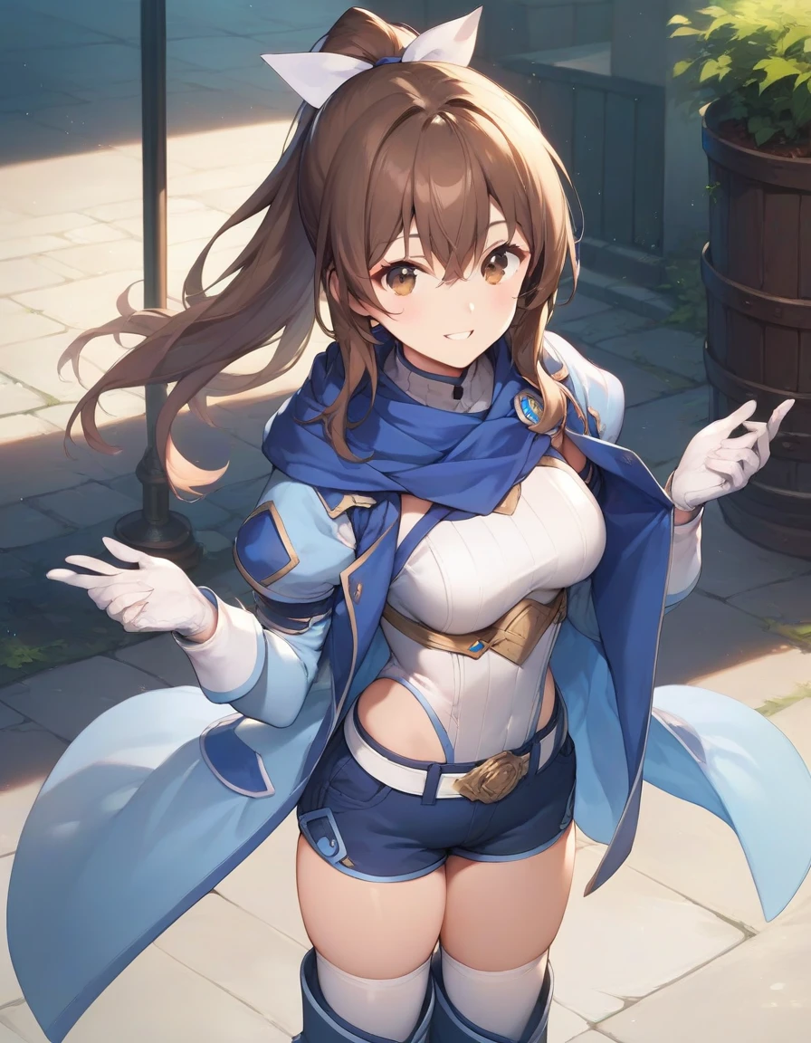 score_9,score_8_up,score_7_up,score_6_up,official art,solo,outdoors,upper body,(portrait:1.5),looking at viewer,facing viewer,smile,Sally,long hair,brown hair,high ponytail,hair bow,hair ribbon,white ribbon,hair between eyes,bangs,brown eyes,blue scarf,blue coat,open clothes,open coat,breastplate,white leotard,long sleeves,white gloves,medium breasts,skindentation,white belt,blue shorts,zettai ryouiki,white thighhighs,boots,blue footwear,<lora:Sally(bofuri)-Pony:1.3>,<lora:Smooth Anime Style LoRA XL>,