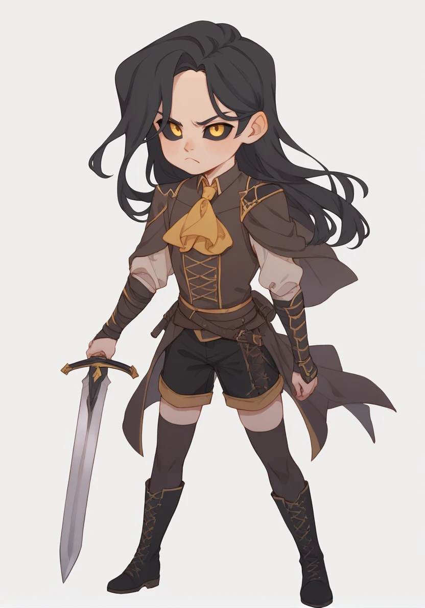 score_9, score_8_up, score_7_up, masterpiece, best quality, 1girl, solo, full body,   <lora:IriaStylePony:0.8> IriaStyle, chibi, long hair, simple background, black hair, thighhighs, 1boy, white background, holding, full body, yellow eyes, weapon, male focus, boots, shorts, sword, black thighhighs, black footwear, holding weapon, ascot, frown, holding sword, black shorts, colored sclera, owl