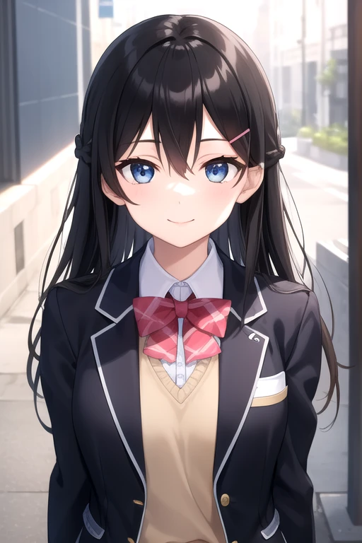 ((masterpiece)),(best quality),official art,extremely delicate and beautiful,extremely detailed CG,unity 8k wallpaper,ultra detailed,beautiful detailed eyes,extremely detailed face,outdoors,1girl,solo,upper body,(portrait:1.5),looking at viewer,facing viewer,smile,Tsukino Mito,very long hair,black hair,french braid,hair ornament,hairclip,hair between eyes,parted bangs,blue eyes,school uniform,black jacket,blazer,wing collar,pink bowtie,yellow sweater vest,white shirt,collared shirt,dress shirt,large breasts,skindentation,long sleeves,miniskirt,black skirt,plaid skirt,pleated skirt,frilled skirt,zettai ryouiki,white thighhighs,loafers,<lora:Tsukino Mito(vl)>,