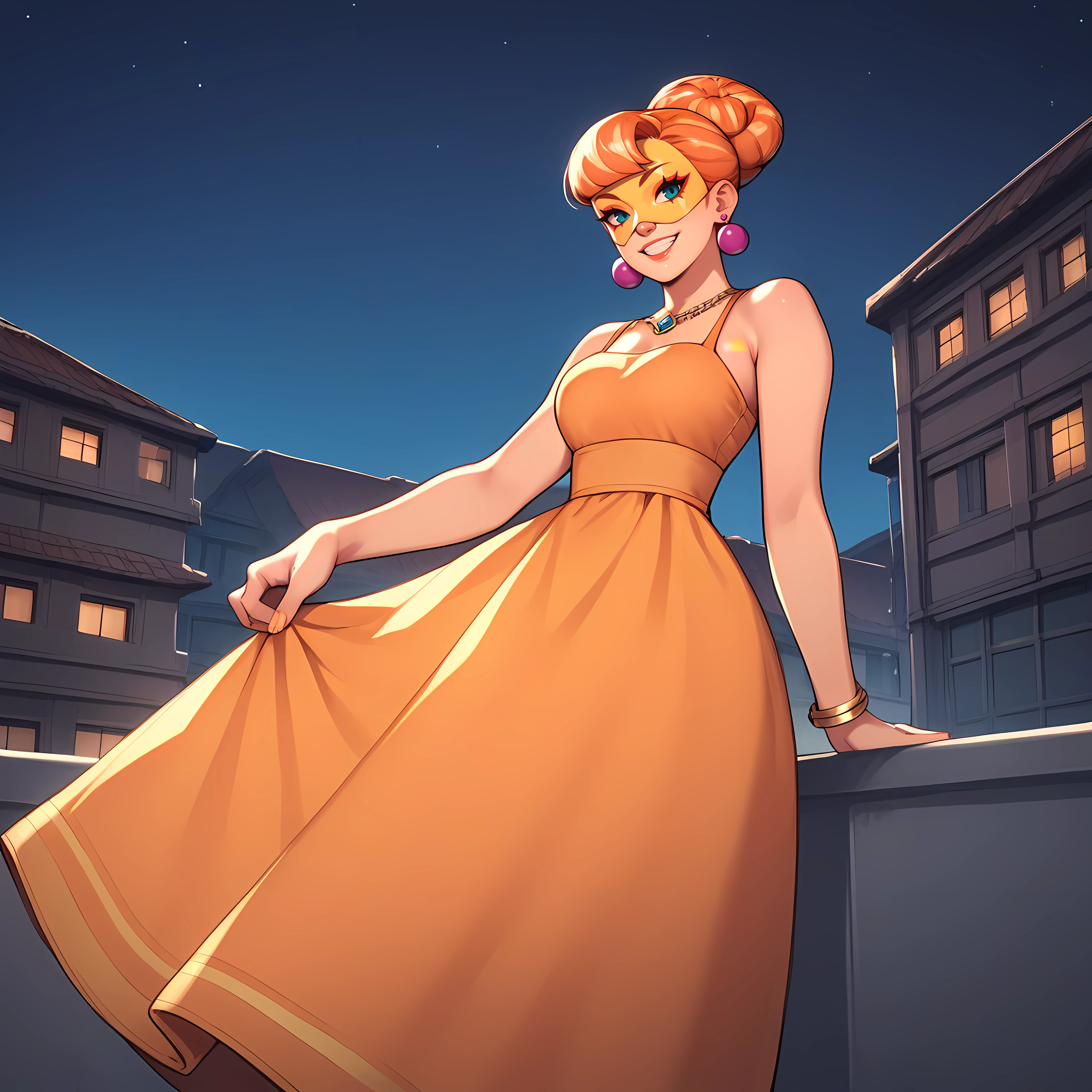 score_9,score_8_up,score_7_up,score_6_up,source_anime,rating_questionable, 1girl, solo, night, rooftop,<lora:Lola_Pop_-_ARMS:0.7> lolapop_arms, earrings, smile,yellow mask, orange hair, makeup, long regal dress, formal dress,, zPDXL2,