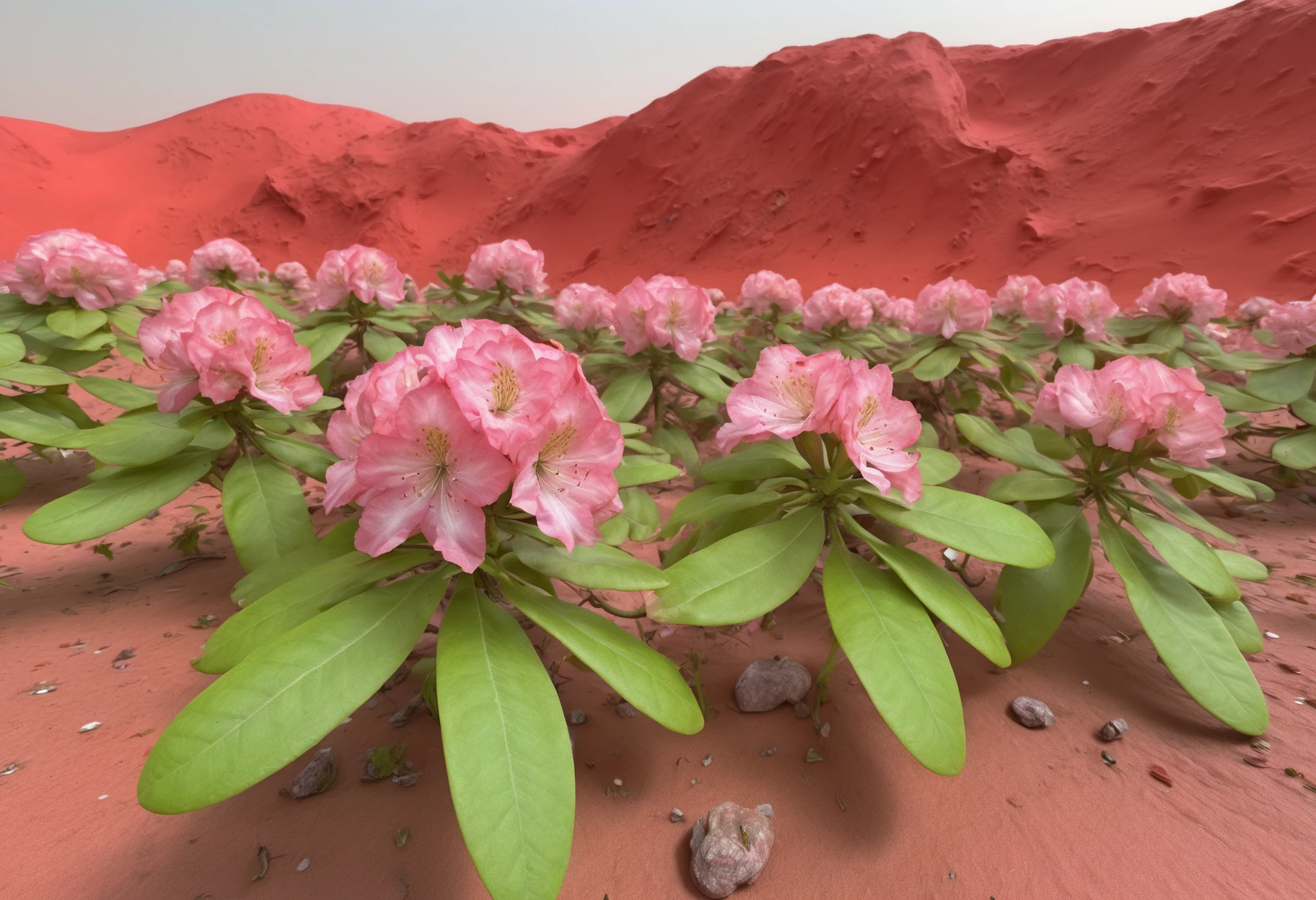 photo of fl0rRos1ta flower bush, on a Mars colony, red landscape, futuristic domes, space suits, eerie and beautiful, high-definition, cinematic masterpiece <lora:fl0rRos1ta_XL_epoch_8:0.8>