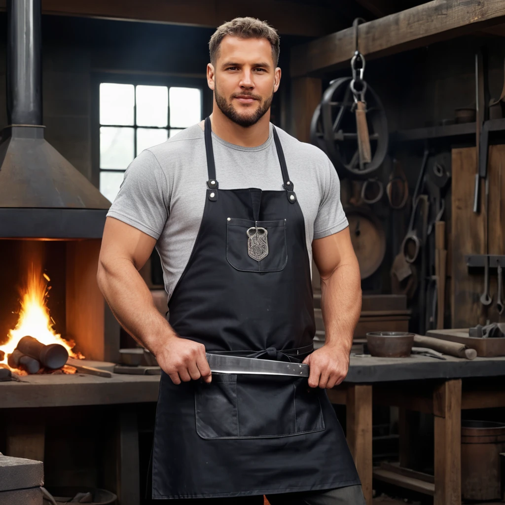 Hyperrealistic art full body photo of a n1ck a man, looking at camera, facial hair, high-resolution, as Blacksmith male , smithing apron, inside forge background, crafting, fiery forge, sturdy build,  <lora:Nick_Bosa_SDXL_JugX_trigger_n1ck:.8> . Extremely high-resolution details, photographic, realism pushed to extreme, fine texture, incredibly lifelike