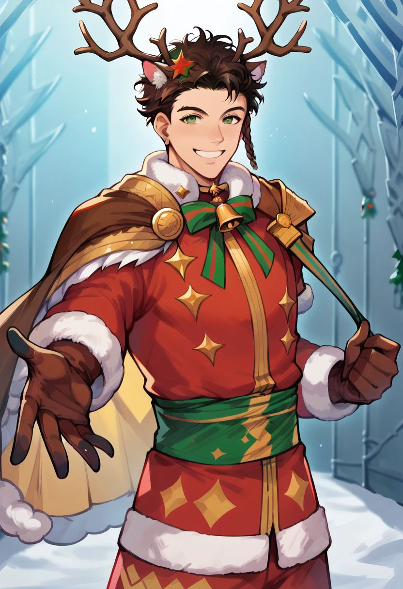 score_9, score_8_up, score_7_up, claudefe, claudewinter, 1boy, solo, brown hair, short hair, curly hair, braid, green eyes, reindeer antlers, animal ears, santa costume, bell, red outfit, smile, reaching hand, portrait, looking at viewer, winter, snow, cowboy shot