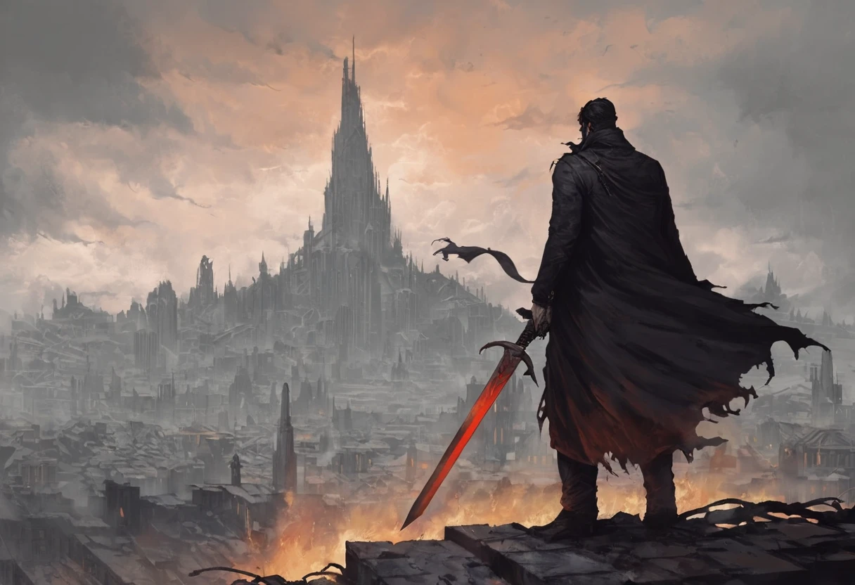 A digital painting of a man standing on a rooftop in a ruined city. He is wearing a long black coat and a scarf wrapped around his face. He is holding a sword in his right hand. The city is in ruins, with many buildings destroyed and on fire. The sky is dark and cloudy. By Mark Molnar.
 <lora:Hive-City:1>