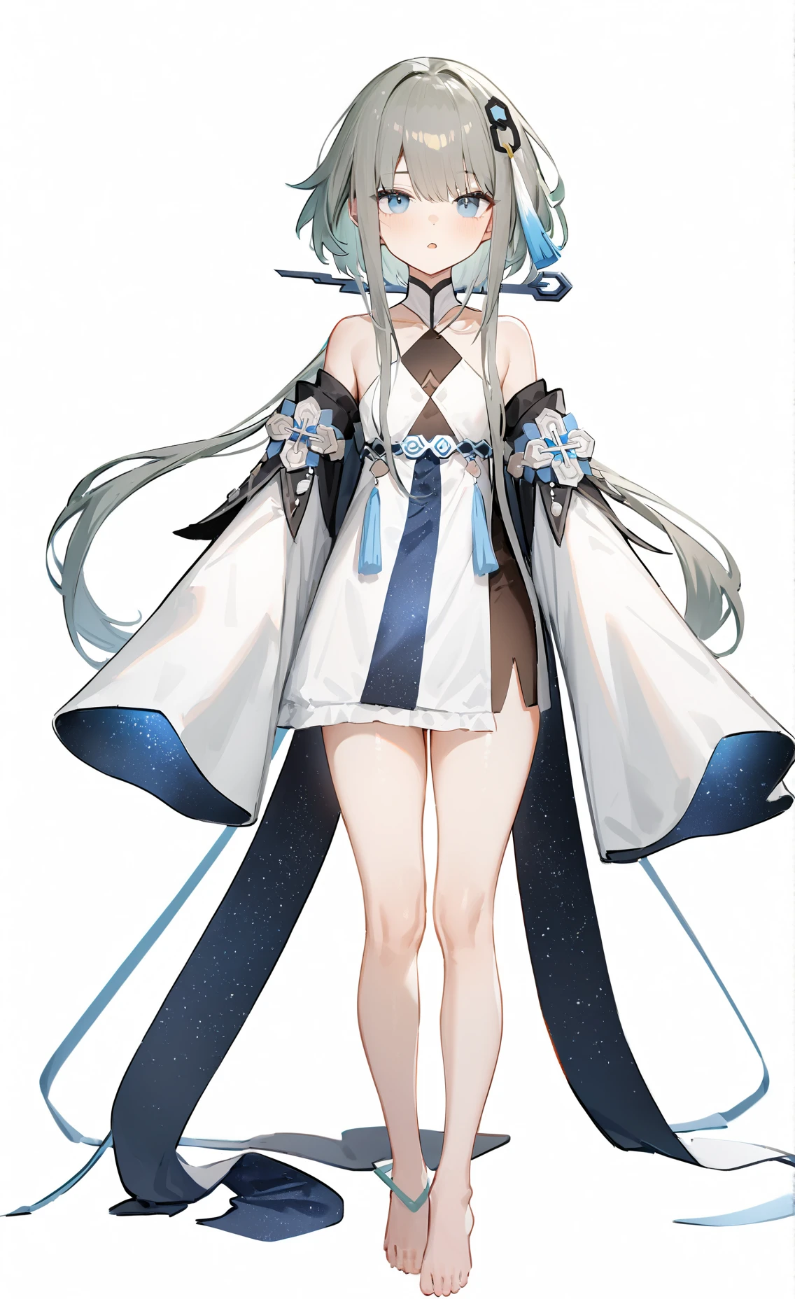 8k, best quality, masterpiece, (ultra-detailed), (high detailed skin), (white background:1.5),
(full body), (white background), standing, looking at viewer, (solo),
<lora:ping-gui-A3-Tanger:0.8>, guizhong, guizhong's def clothes, 1girl, long hair, blue eyes, barefoot, guizhong's dress, hair ornament, chinese clothes, sleeves past fingers,
full_shot,