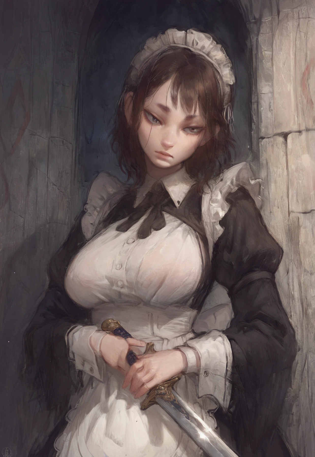 score_9, score_8_up, score_7_up, score_6_up, score_5_up, score_4_up, 1girl, large breasts, medium hair, brown hair, castle, maid, maid headdress, bangs head tilt, holding sword, 
 <lora:Nat_The_Lich:1>