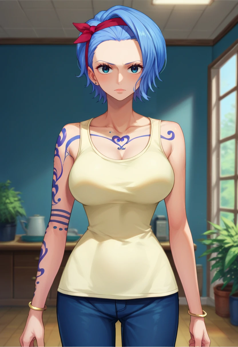 score_9,score_8_up,score_7_up,score_9,score_8_up,score_8,ultra detailed,beautiful face,highres BREAK <lora:nojiko:1>,nojikoSDXL,1girl,solo,short hair,blue hair,blue pants,light blue eyes,bracelet,hairband,tank top,tattoo,tattoo arm, tattoo chest,cowboy shot,room,room background,