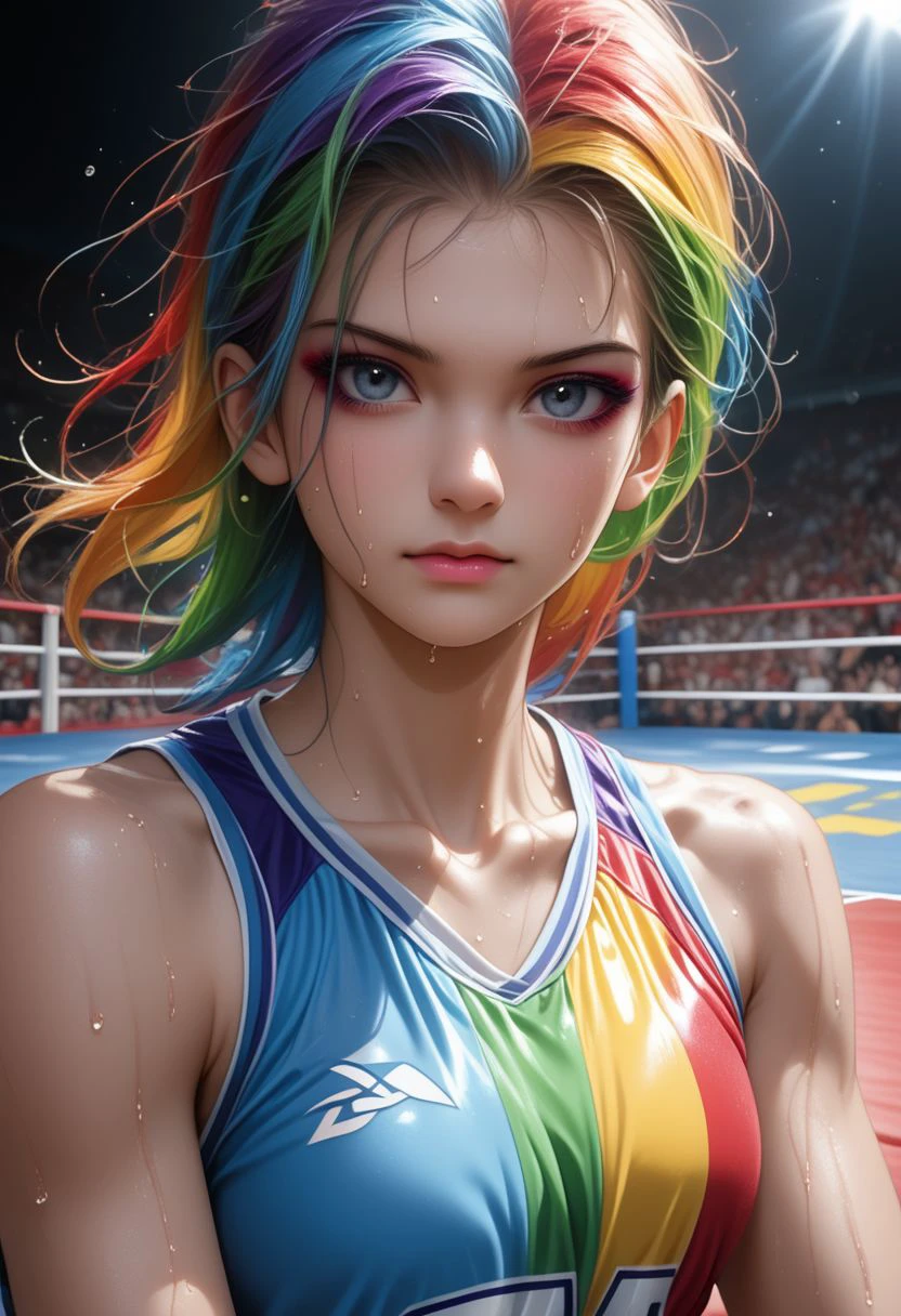 EnD_Niji_Sports, source_pony, Rainbow Dash,  collarbone, upper body, shirt, bare shoulders, closed mouth, sweat, sleeveless, makeup,  sportswear, wrestling uniform, looking at viewer, dynamic angle, sitting BREAK PonyXLV6_Scores