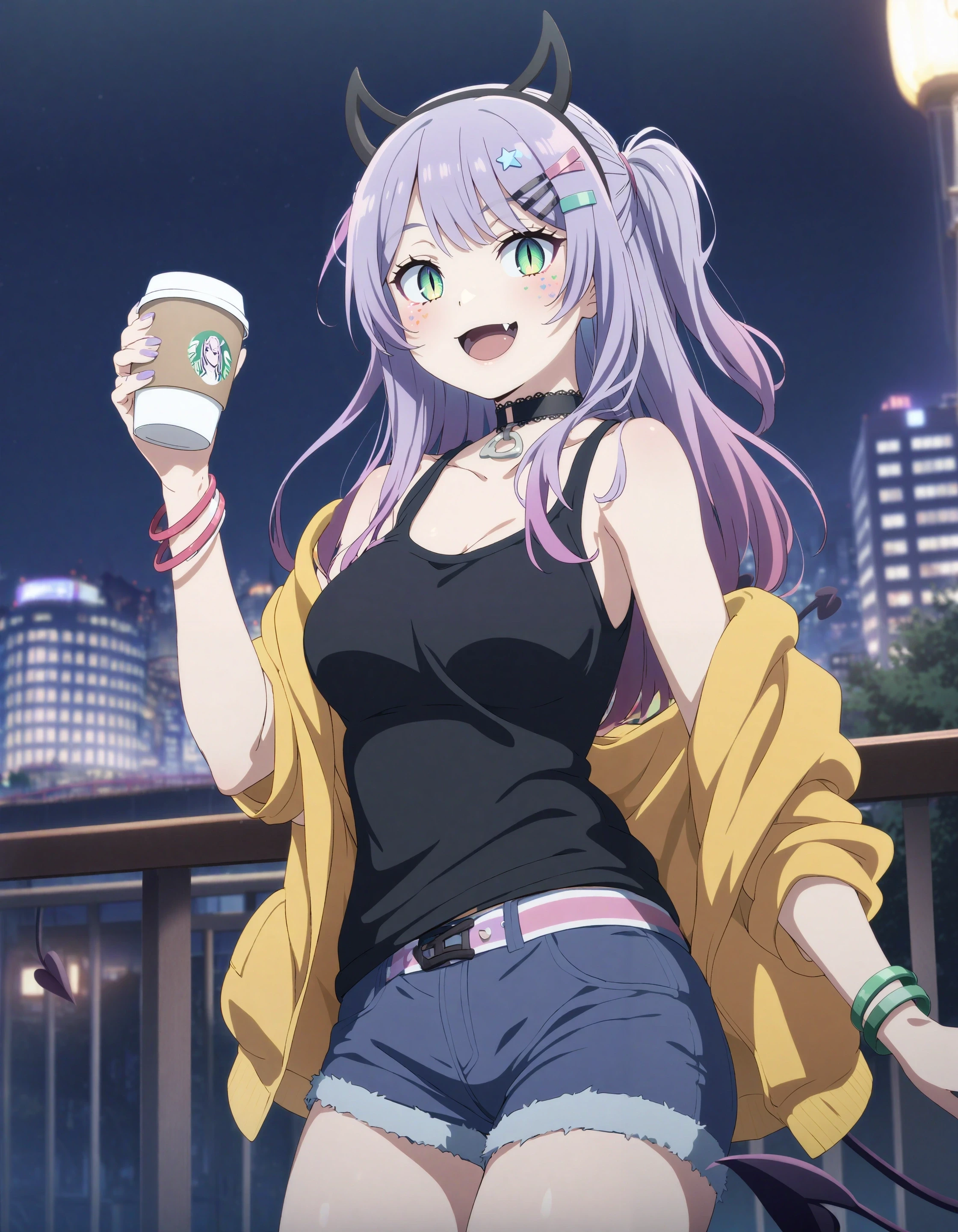 1girl, sata nakia, sousou no frieren, key visual,
slit pupils, :d, fang,
hairclip, star hair ornament, fake horns, black horns,
tank top, vest, cowboy shot, short shorts, bangle, choker, demon tail,
holding coffee, disposable cup, leaning, railing, looking at viewer, city, night,
<lora:char_sata_nakia-rls:1> <lora:concept_bending-try2:1:lbw=NOOUT1>