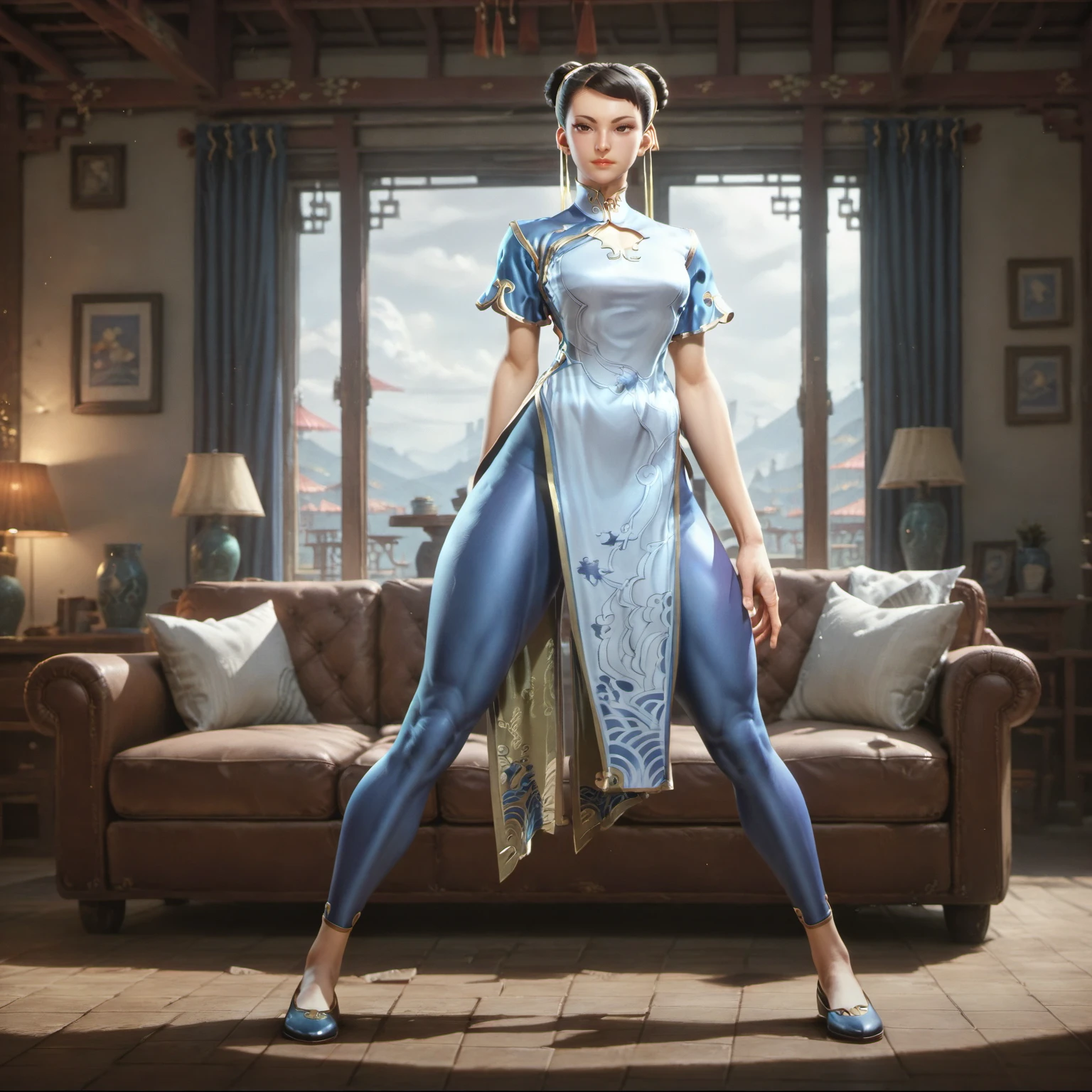 score_9, score_8_up, score_7_up,score_6_up, score_5_up, 1girl, blue qipao blue leggings,double bun, hair ribbon, living room with sunshine shot through the window,
<lora:ponychunliv3:0.9>