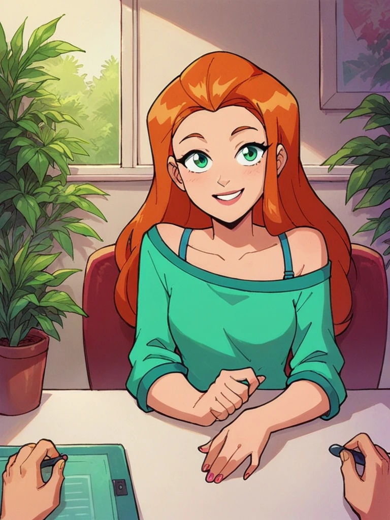 score_9, score_8_up, score_7_up, 
1girl, sam ts, long hair, orange hair, green eyes, 

sitting, pov, across table, looking at viewer, smile, pretty,

green shirt, off-shoulder shirt, bra strap, 