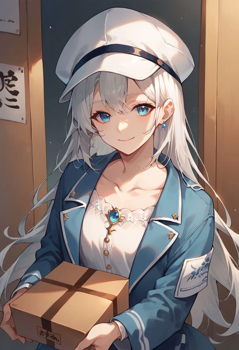 score_9, score_8_up, score_7_up, score_6_up, shimotsuki shiho, blue eyes, white hair, 1girl, solo, long hair, hat, looking at viewer, jewelry, box, smile, holding, jacket, collarbone, white headwear, blue jacket