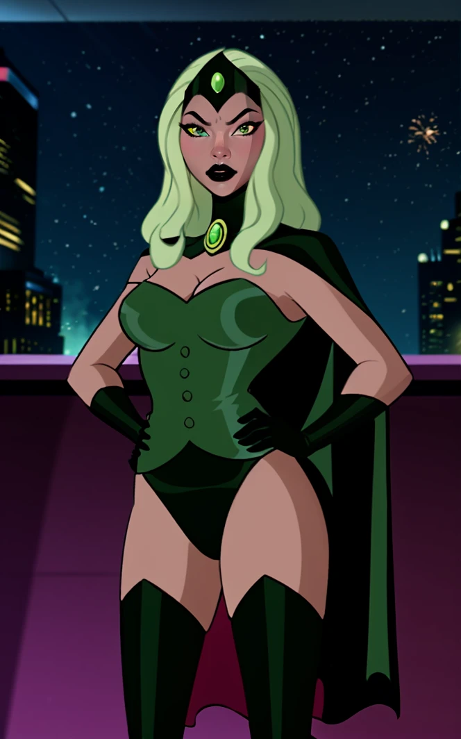 ((masterpiece,best quality)),(highres), night,
(contrapposto,hand on hip)<lora:DC_JLU_EmeraldEmpress_ownwaifu:0.8>,
DC_JLU_EmeraldEmpress_ownwaifu,
1girl, long hair, green hair, lipstick, dark skin, cape, makeup, medium breasts, cleavage, green eyes, thighhighs, black lips, gloves, black gloves, leotard, elbow gloves, green thighhighs, yellow eyes, dress, bare shoulders, crown, forehead jewel, gem, tiara, 
balcony, aerial fireworks, vanishing point, depth_of_field, scenery,  solo, cowboy shot, looking at viewer, absurdres,