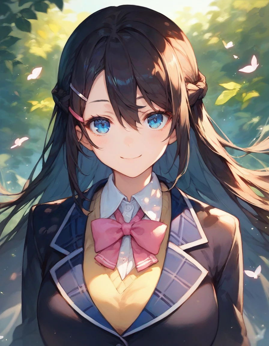 score_9,score_8_up,score_7_up,score_6_up,official art,solo,outdoors,smile,upper body,(portrait:1.5),looking at viewer,facing viewer,Tsukino Mito,very long hair,black hair,french braid,hair ornament,hairclip,hair between eyes,parted bangs,blue eyes,school uniform,black jacket,blazer,wing collar,pink bowtie,yellow sweater vest,white shirt,collared shirt,dress shirt,large breasts,skindentation,long sleeves,miniskirt,black skirt,plaid skirt,pleated skirt,frilled skirt,zettai ryouiki,white thighhighs,loafers,<lora:Tsukino Mito(vl)-Pony>,<lora:Smooth Anime Style LoRA XL>,