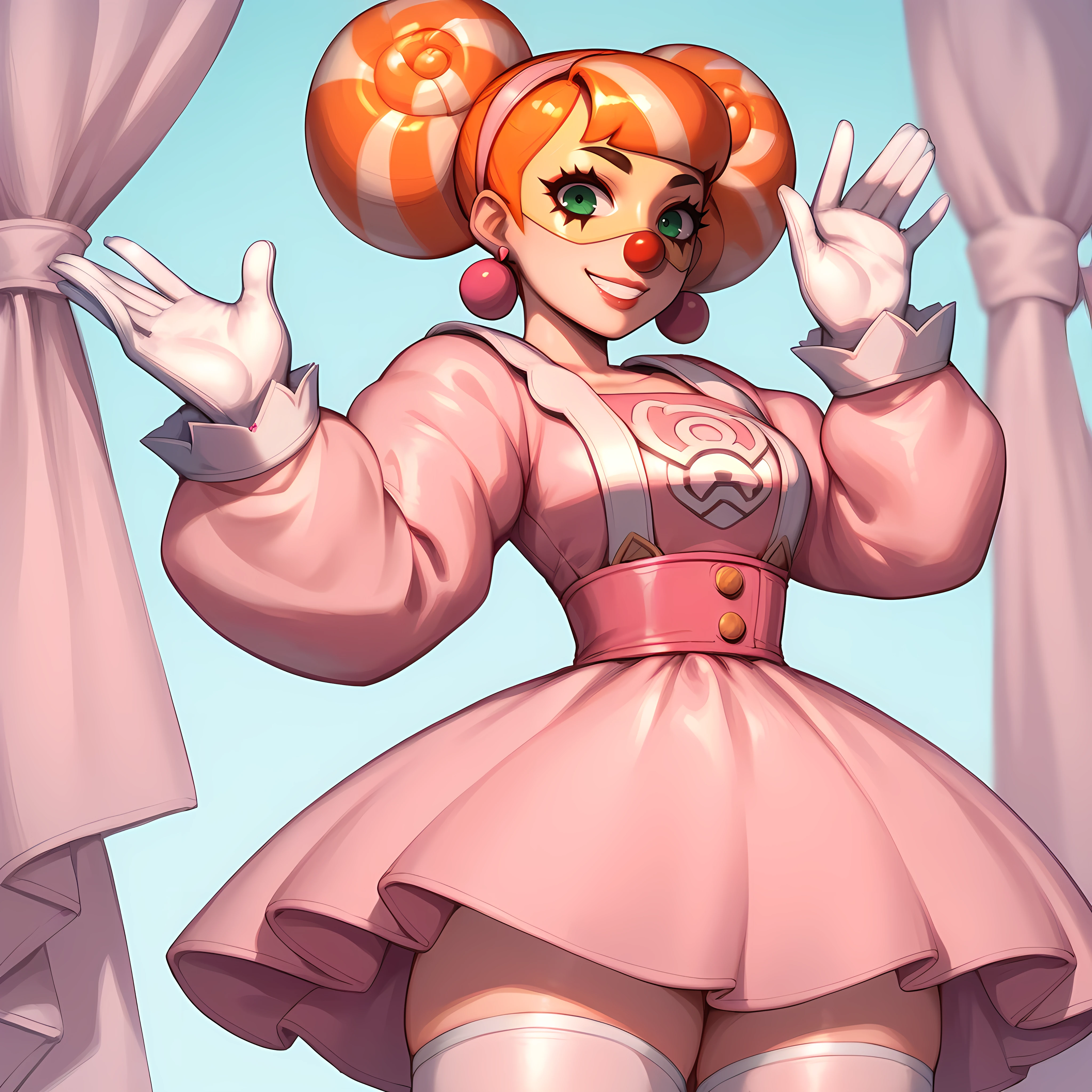 score_9,score_8_up,score_7_up,score_6_up,source_anime,rating_questionable, 1girl, solo, <lora:Lola_Pop_-_ARMS:0.7> lolapop_arms, earrings, smile, orange hair, green eyes, makeup,fluffy pink dress, yellow mask, pink bow, pink ribbons, white stockings, clown, zPDXL2,