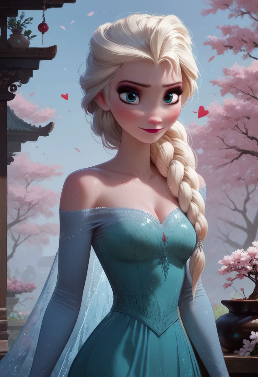 score_9, score_8_up, score_7_up, score_6_up, score_5_up, score_4_up, 
sexy girl,1girl, Elsa, Disney, \(Frozen\)/,(ultra HD quality details), blue eyes, blonde hair, single braid, single braid over shoulder,
blue dress, bare shoulders, long sleeves, bare shoulder, cleavage,
modest look, seducing viewer, hearts, posing, sexy pose, solo, bonsai, sakura, cherry blossom, submission, sunset, flowers, plants, cinematic lightings