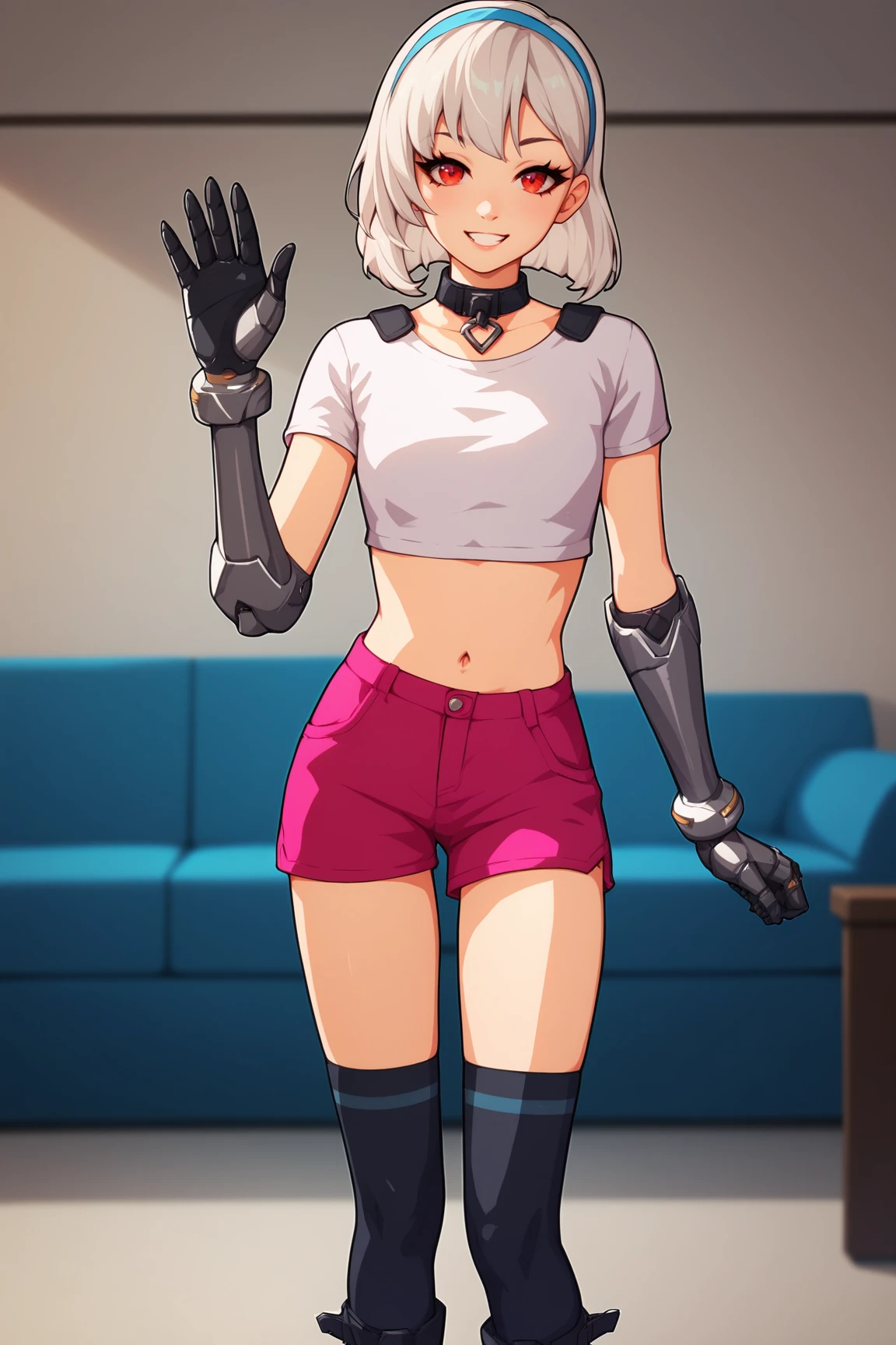 score_9, score_8_up, score_7_up, score_6_up, score_5_up, score_4_up, LexaFEXL, red eyes, white hair, short hair, blue hairband, bangs, black collar, mechanical arms, small breasts, white crop top, short sleeves, navel, pink shorts, black thighhighs, black boots, solo, standing, waving, seductive smile, looking at viewer, indoors <lora:LexaFEXL:0.8>