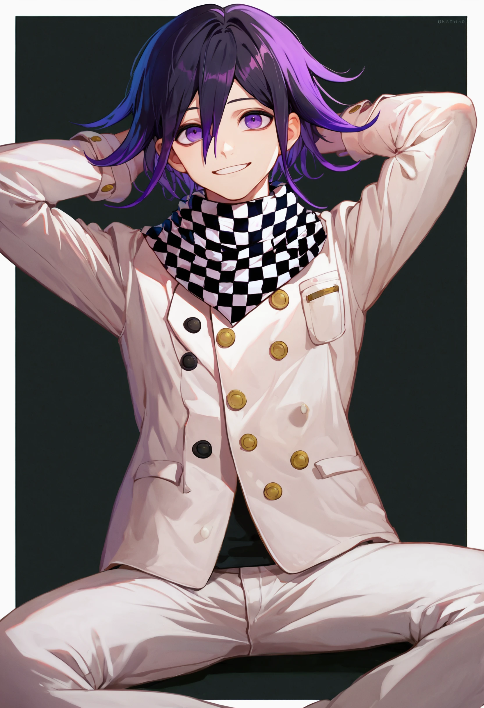 score_9_up score_8_up score_7_up, looking at viewer, smile, arms behind head, sitting
BREAK
score_9_up score_8_up score_7_up, oma kokichi default, 1boy, purple eyes, hair between eyes, bangs, black hair, medium hair, purple hair, checkered clothes, checkered scarf, scarf, buttons, jacket, pants, long sleeves, straitjacket, white pants, white jacket, grey jacket
 <lora:danganranpa_v3_pony_d16:1>