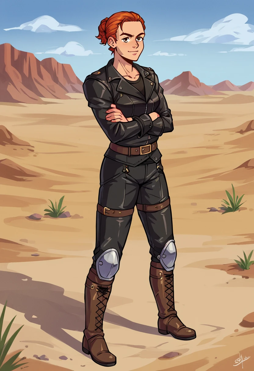 score_9,score_8_up,score_7_up,score_6_up,source_anime BREAK 1girl,solo,standing,sunnysmilesfnv, <lora:sunnyfnvpony:0.8>,crossed arms,leather jacket,armor,pants,boots,happy,:d,outdoors,in desert,full body