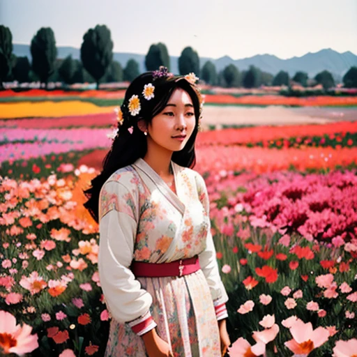 happy woman standing in a beautiful field of flowers, colorful flowers everywhere, perfect lighting, leica summicron 35mm f2.0, Kodak Portra 400, film grain   <lora:Arevik-000002:1>