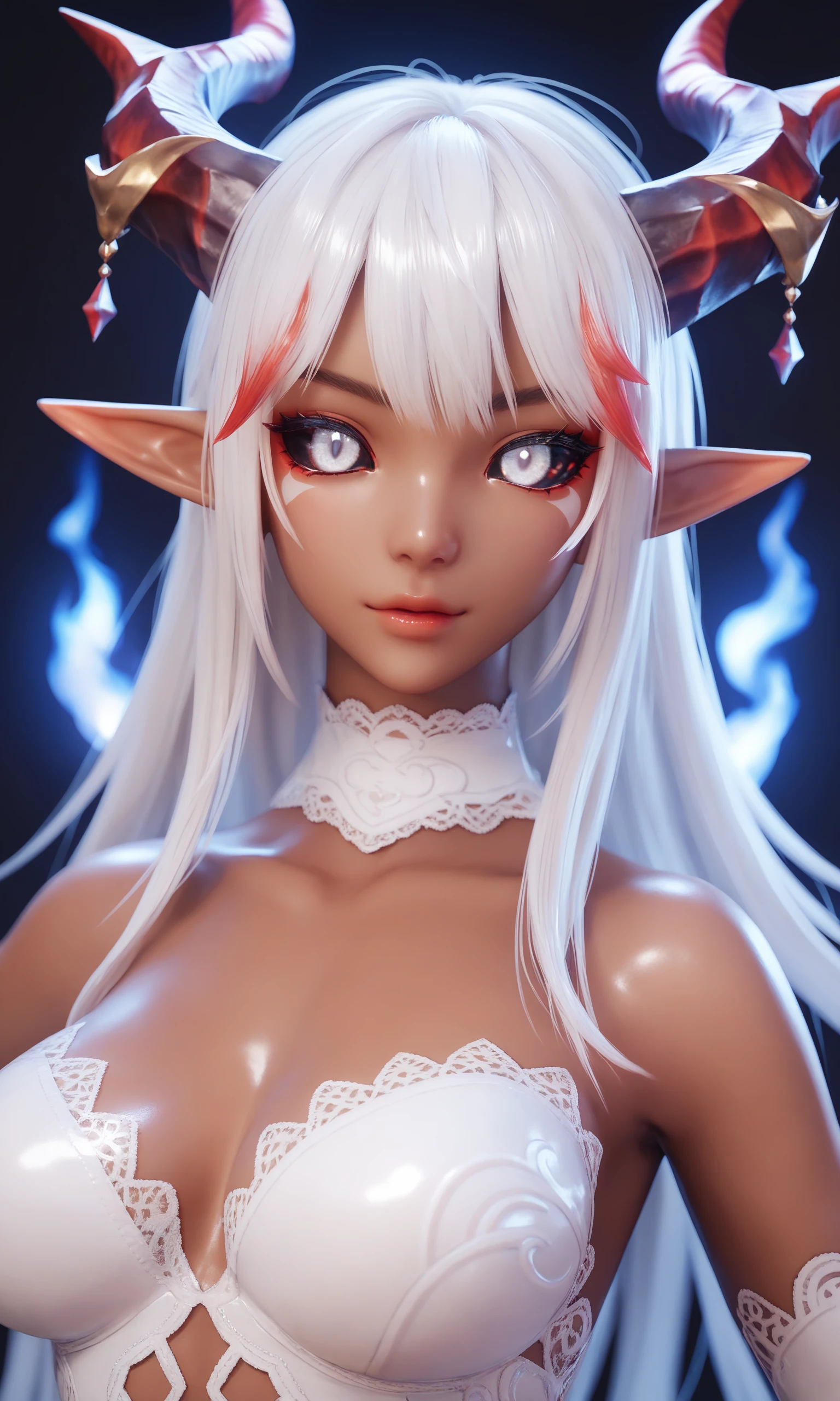 core_9,score_8_up,score_7_up,score_6_up,score_5_up,score_4_up,shiny_skin,
pointed ears,horns,colored sclera,
FireGenasi,fire hair,colored sclera,dark skin,pointed ears,1girl,white fire hair,white eyes,white lace dress,
dark background,fantasy background,blurred background,