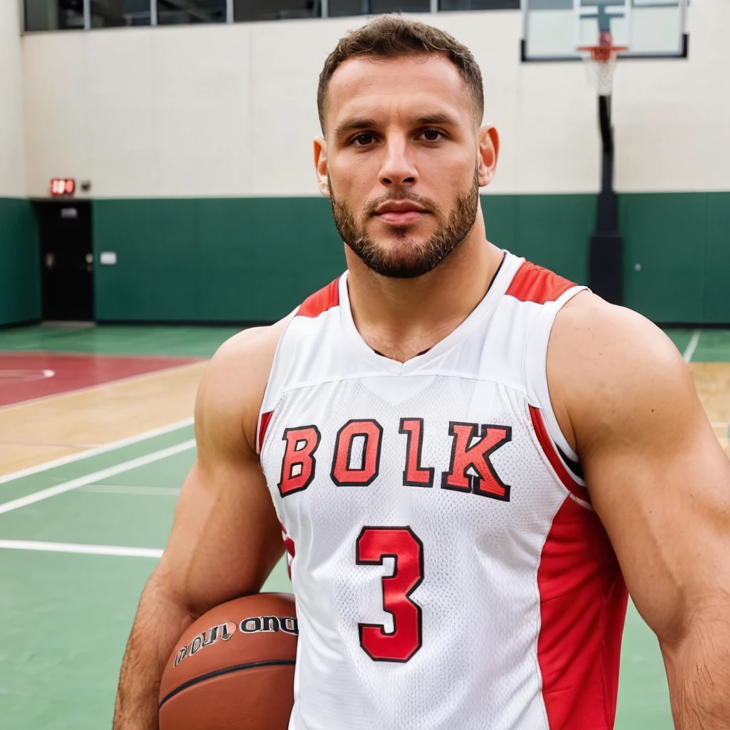 half body photo of a n1ck a man,face focus, beard, wearing a basketball outfit, at a basketball court, looking at camera, <lora:nicksjug:.8>