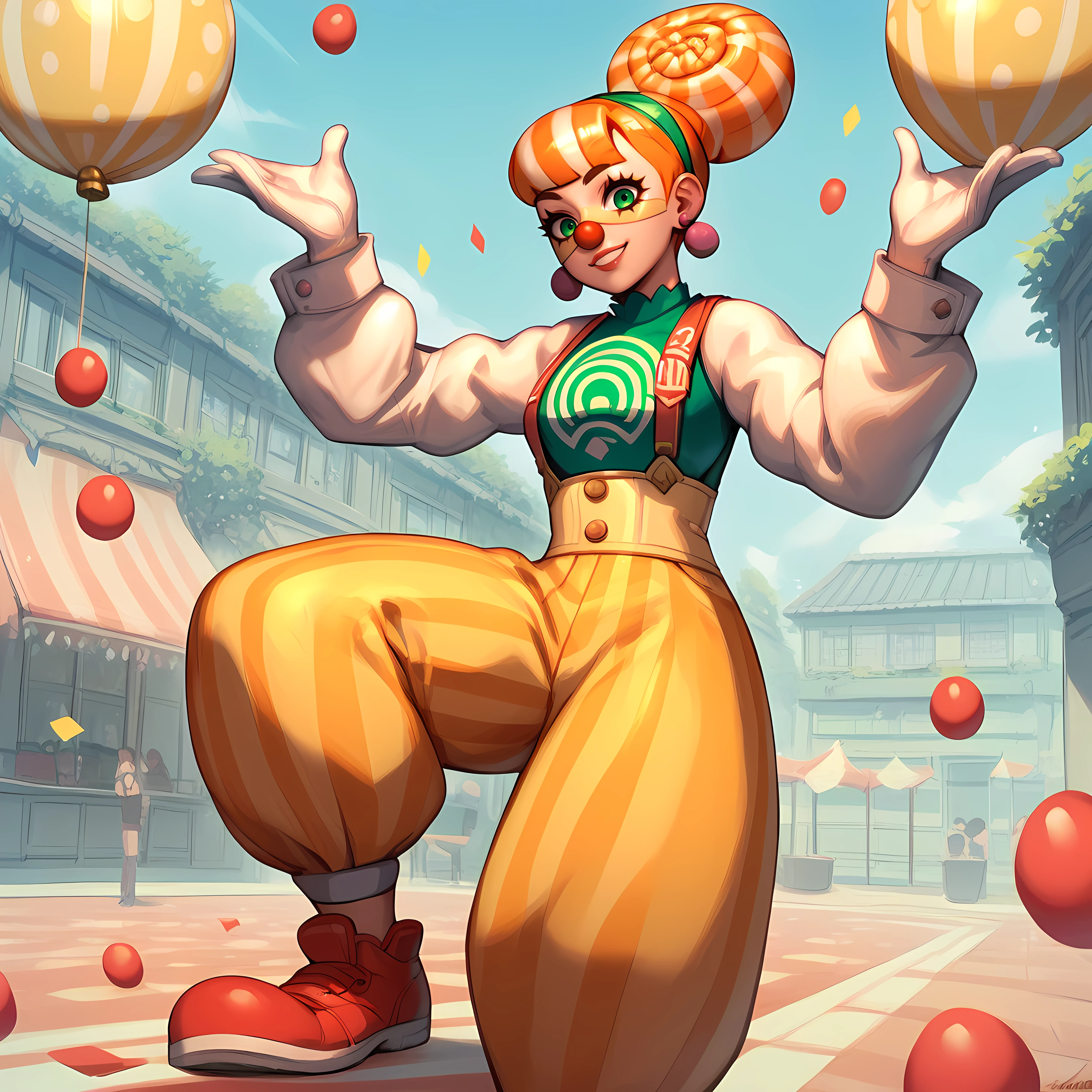 score_9,score_8_up,score_7_up,score_6_up,source_anime,rating_questionable, 1girl, solo,carnival, on one foot, balancing, clown pose, <lora:Lola_Pop_-_ARMS:0.7> lolapop_arms, earrings, smile, orange hair, green eyes, makeup, yellow mask, clown, puffy pants, suspenders, smile, zPDXL2,