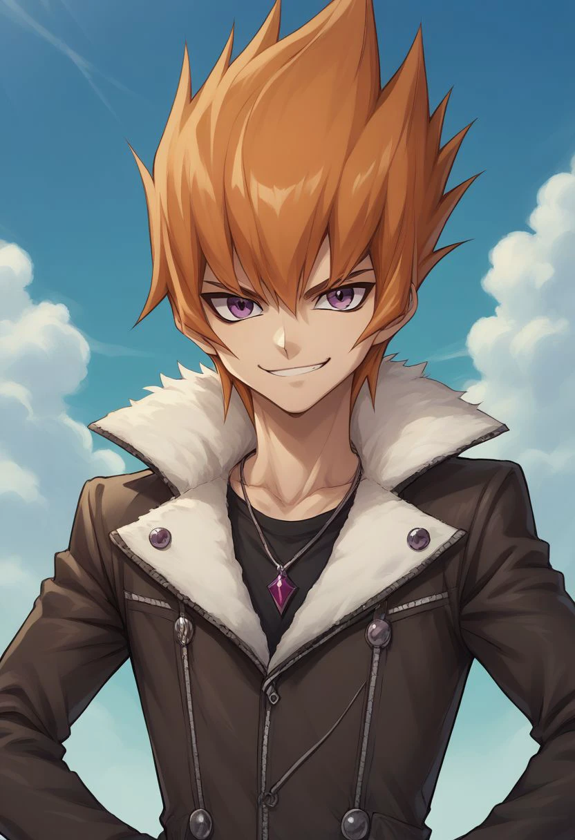 score_9, score_8_up, source_anime, highly detailed, 
rei, 1boy, solo, male focus, purple eyes, jewelry, necklace, orange hair, fur trim, jacket, upper body, smile, smirk, evil, hands on hips, looking at viewer, spiked hair,
outdoor,