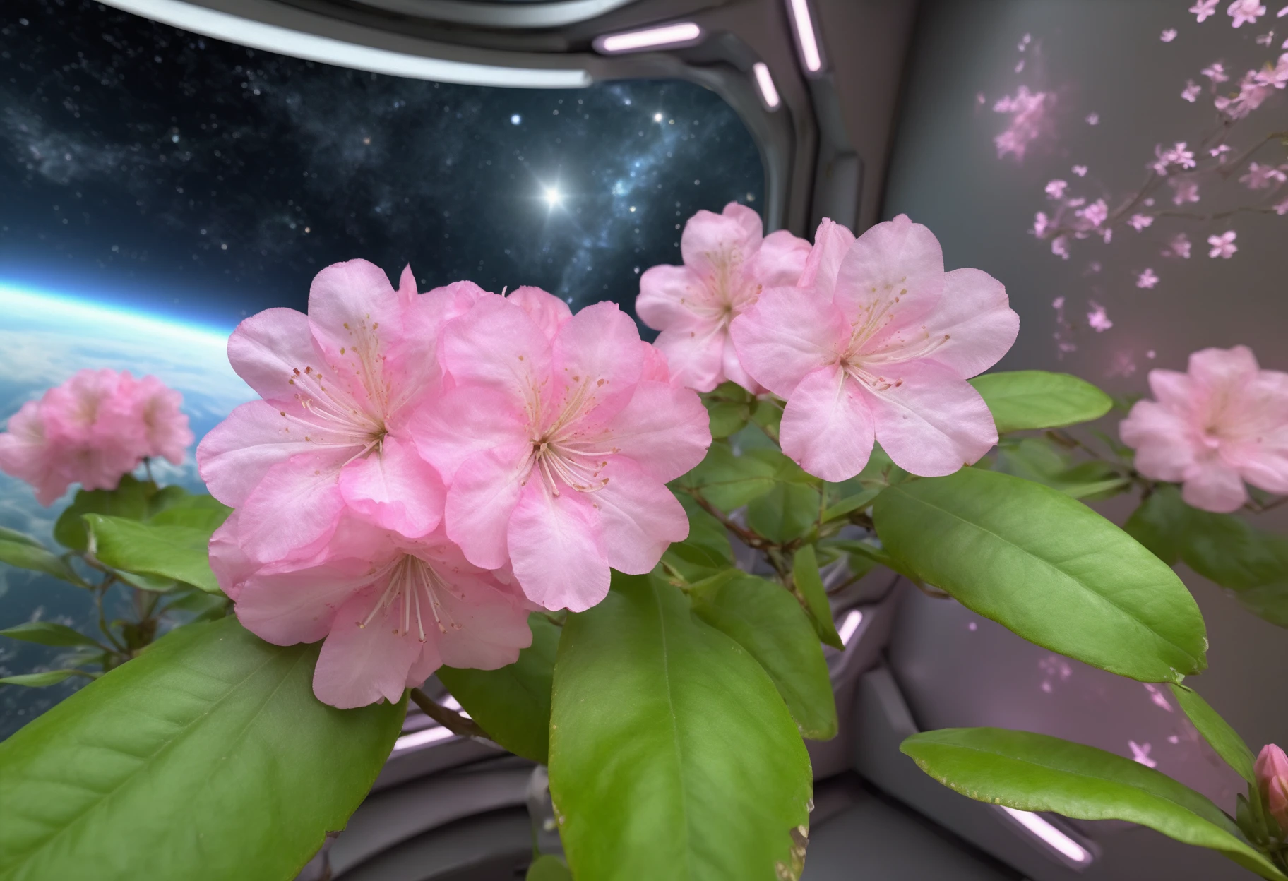 photo of fl0rRos1ta flower bush, on a spaceship, stars in the background, zero gravity, floating petals, high-tech environment, ethereal, ultra-realistic, 8K resolution <lora:fl0rRos1ta_XL_epoch_8:0.8>