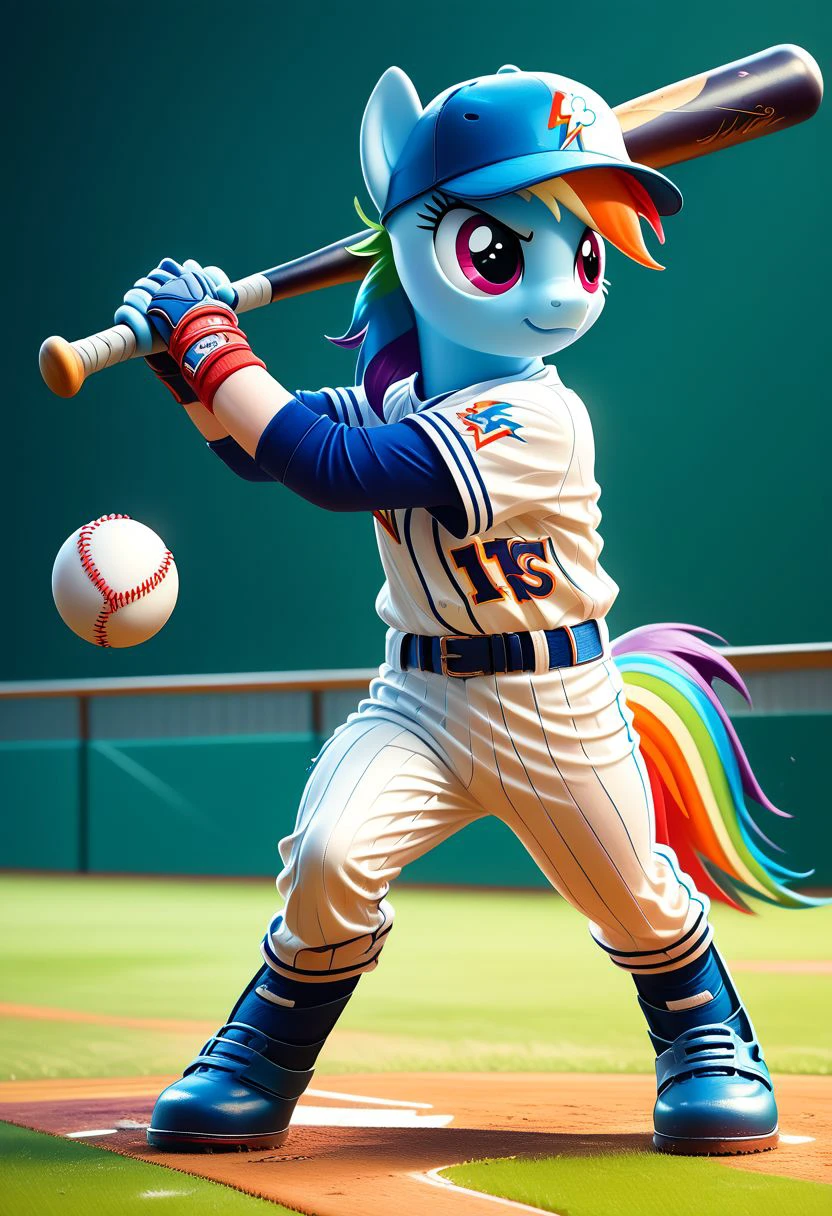 EnD_Niji_Sports, source_pony, Rainbow Dash playing baseball,  baseball cap, sportswear, white pants, baseball bat, baseball, baseball uniform, holding baseball bat, BREAK PonyXLV6_Scores