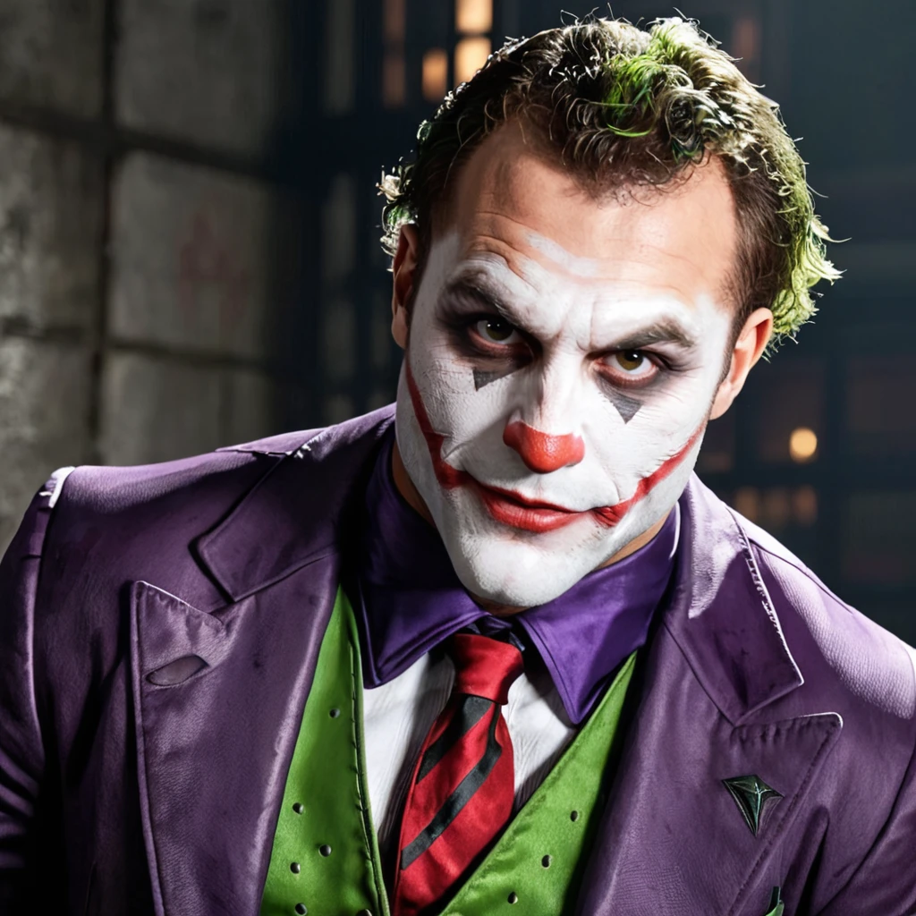 Hyperrealistic art half body photo of a n1ck a man,dressed as joker, at arkham city, looking at camera, <lora:nicksjug:.8> . Extremely high-resolution details, photographic, realism pushed to extreme, fine texture, incredibly lifelike