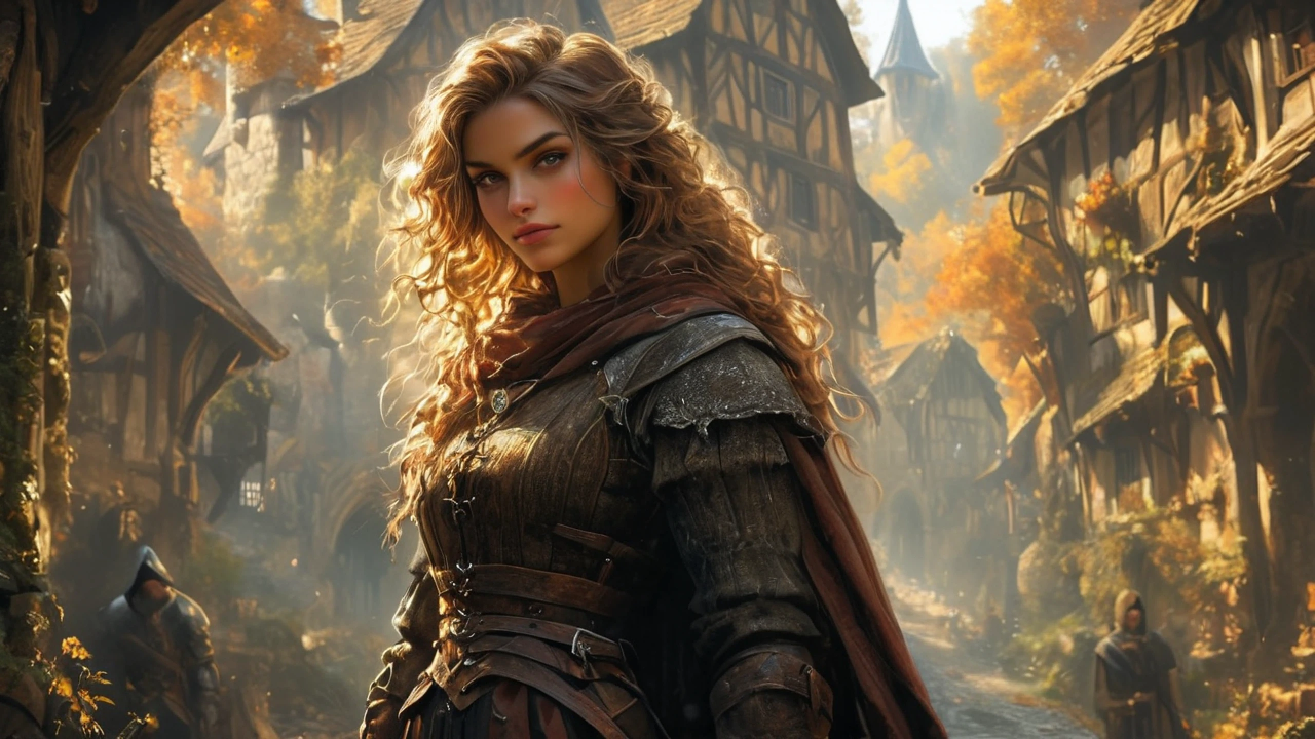 ray tracing,depth of field,subsurface scattering,cleavage,
medium breasts,Perfect breasts,long hair,
contrast,illustration lighting,illustration woman,
detailed hair,detailed eyes,illustration photo of a moody forest in autumn and a small medieval town,wavy hair, standing, hood, brown gloves, wearing Armor,messy hair,mountains,medieval scenery, natural light,god rays,
dirty face,rugged,masterpiece,best quality,ultra-detailed,high res, (((medieval-town-inside-scenery))), townsfolk, background characters, fantasy art, fantasy, action shot, highly detailed, digital painting, intricate, elegant, d&d, dreamlike, surrealism, vibrant lighting, illustration