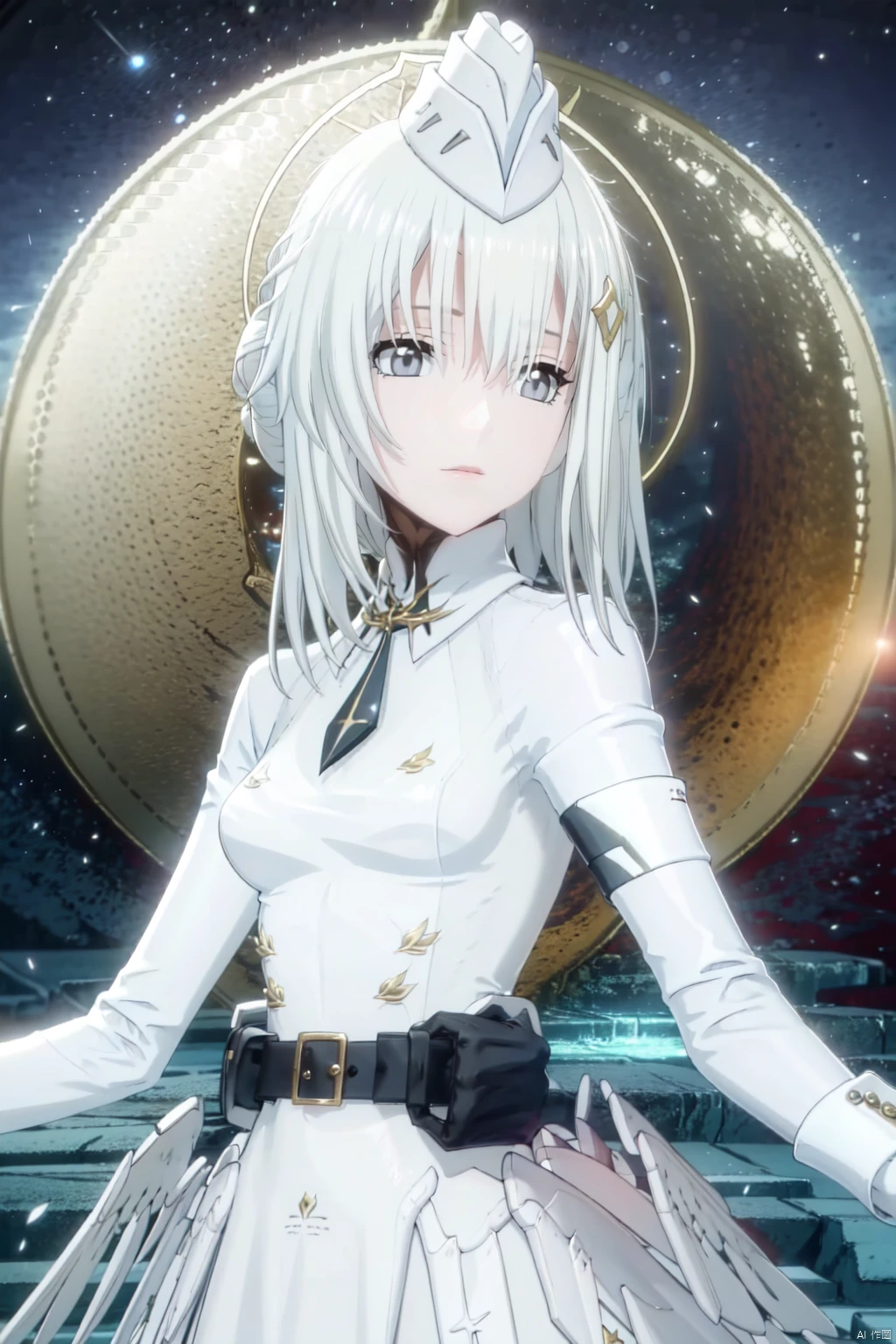 masterpiece, best quality, 1girl,solo,hair between eyes,2D,anime screencap,anime coloring,flat,masterpiece,soft tender eyes,best quality,white hair,grey eyes,long hair,cosmos background,planets,cowboy shot,liv,wings,white coat,hat<lora:EMS-253410-EMS:0.600000>, <lora:EMS-257448-EMS:1.000000>