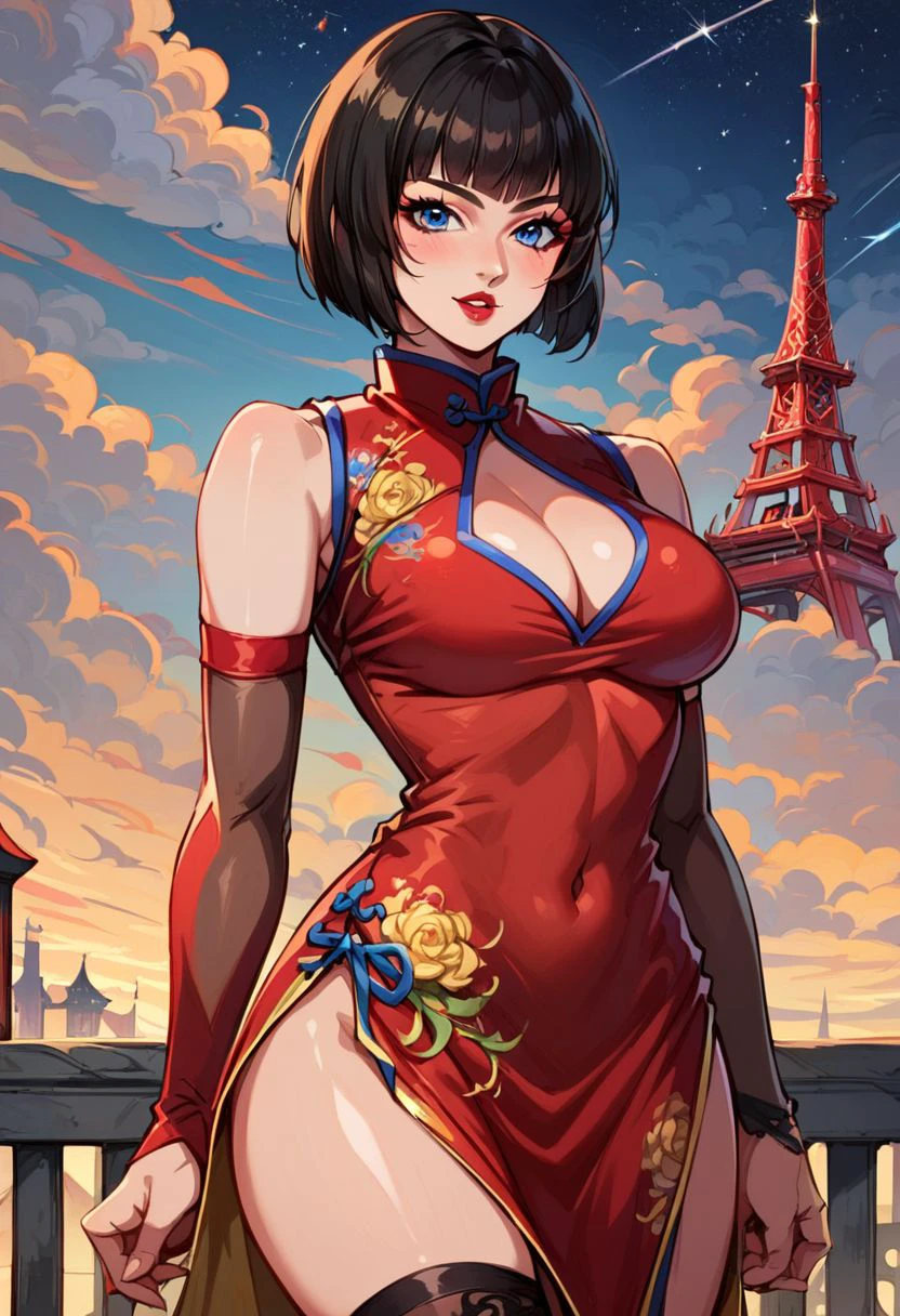 score_9, score_8_up, score_7_up,derpibooru_p_95, 
source_anime, very aesthetic, anime screencap, anime coloring, 
anna williams, anna williams \(tekken\), 1girl, solo, breasts, looking at viewer, blush, short hair, bangs, blue eyes, large breasts, black hair, thighhighs, dress, cleavage, bare shoulders, medium breasts, standing, thighs, cowboy shot, outdoors, parted lips, detached sleeves, sky, sleeveless, black thighhighs, cloud, blunt bangs, lips, clothing cutout, covered navel, makeup, sleeveless dress, chinese clothes, floral print, red dress, cleavage cutout, bob cut, lipstick, star (sky), china dress, pelvic curtain, side slit, starry sky, red lips, tower