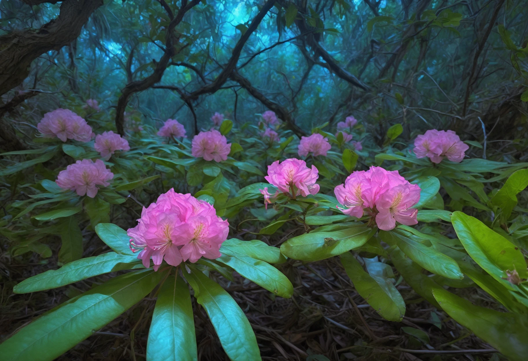 photo of fl0rRos1ta flower bush, in a bioluminescent alien forest, glowing plants, otherworldly, mysterious, sci-fi ambiance, twilight, surreal, IMAX quality <lora:fl0rRos1ta_XL_epoch_8:0.8>