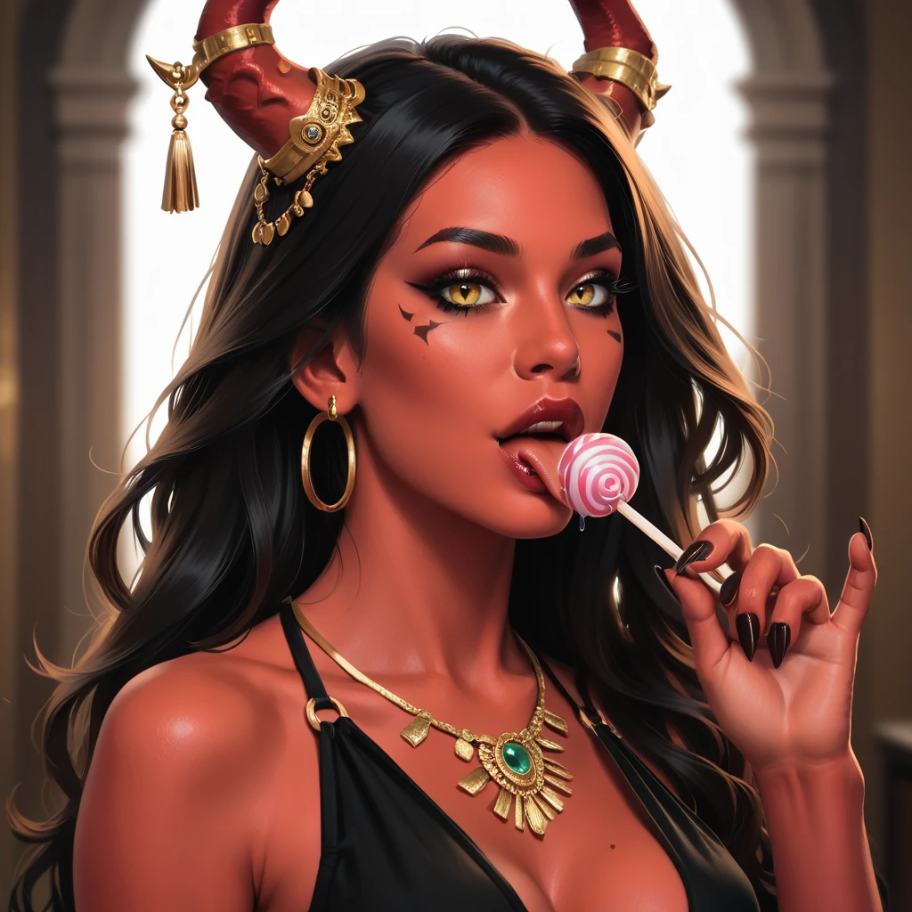 score_9,score_8_up,score_7_up woman, red skin, black long hair, yellow eyes, demonic horns, makeup, jewelry, lips, neck, licking lollipop, summer background <lora:vixaria:0.8> vixaria