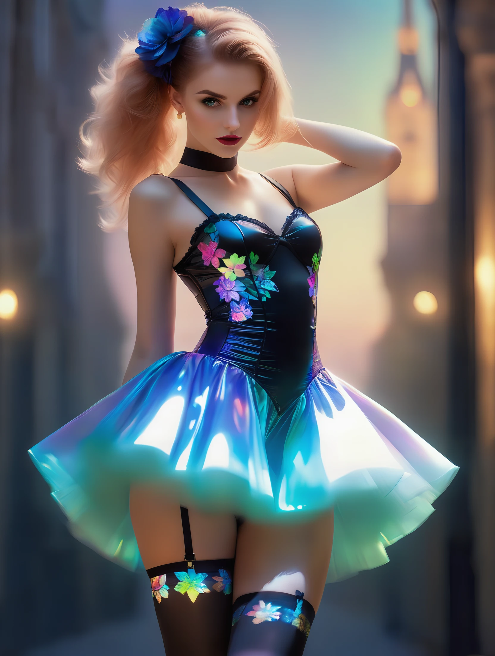 a woman, blurry background, legwear garter,
holographic Dress flower