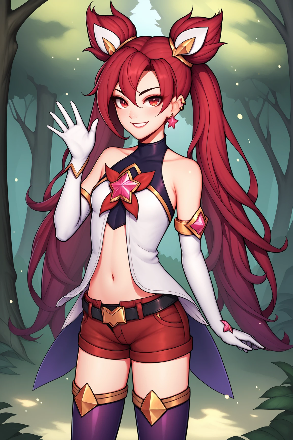 score_9, score_8_up, score_7_up, score_6_up, score_5_up, score_4_up, JinxSGLoLXL, star guardian (league of legends), red eyes, red hair, hair between eyes, twintails, cone hair bun, long hair, bangs, ear piercing, small ,  shoulders, white dress, star (symbol), black elbow gloves, white elbow gloves, navel, black belt, red shorts, purple thighhighs, white boots, solo, standing, waving,  smile, looking at viewer, forest, tree <lora:JinxSGLoLXL:0.8>