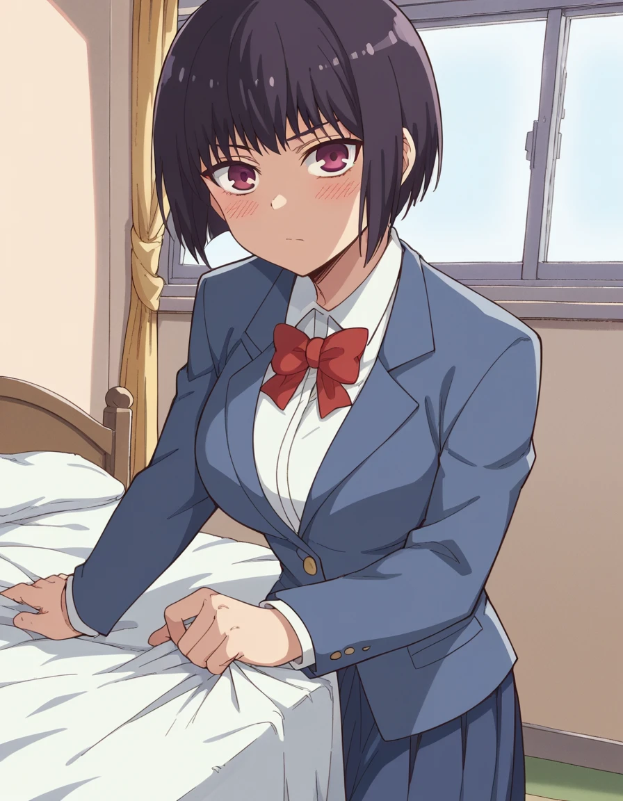 score_9, score_8_up, score_7_up, source_anime,
hanasunomiya, <lora:hana-sunomiya-s2-ponyxl-lora-nochekaiser:1>,
hana sunomiya, short hair, bangs, black hair, purple eyes, pixie cut, large breasts,
shirt, bow, school uniform, white shirt, collared shirt, bowtie, red bow, red bowtie, jacket, blazer, skirt, blue skirt,
indoors, bed, bed room, on side, blush, drunk,
looking at viewer, cowboy shot, solo, dutch angle,