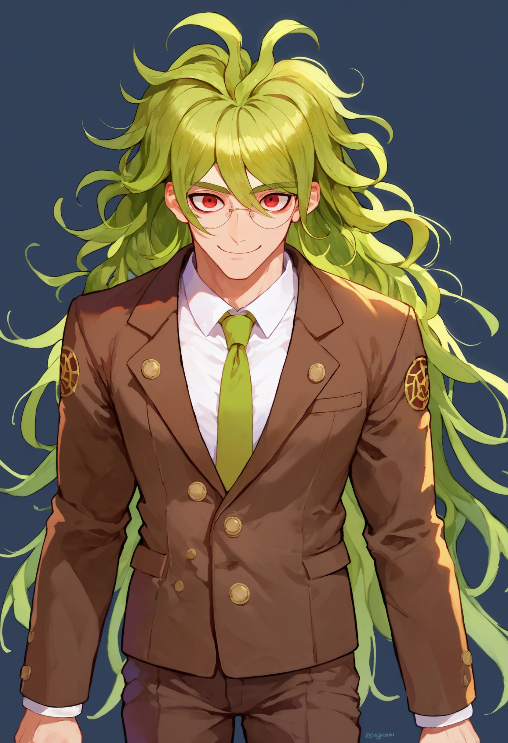 score_9_up score_8_up score_7_up, looking at viewer, smile, simple background
BREAK
score_9_up score_8_up score_7_up, gokuhara gonta default, 1boy, round eyewear, long hair, green hair, bangs, messy hair, red eyes, necktie, jacket, shirt, brown jacket, collared shirt, green necktie, long sleeves, pants, white shirt, brown pants, buttons
 <lora:danganranpa_v3_pony_d16:1>