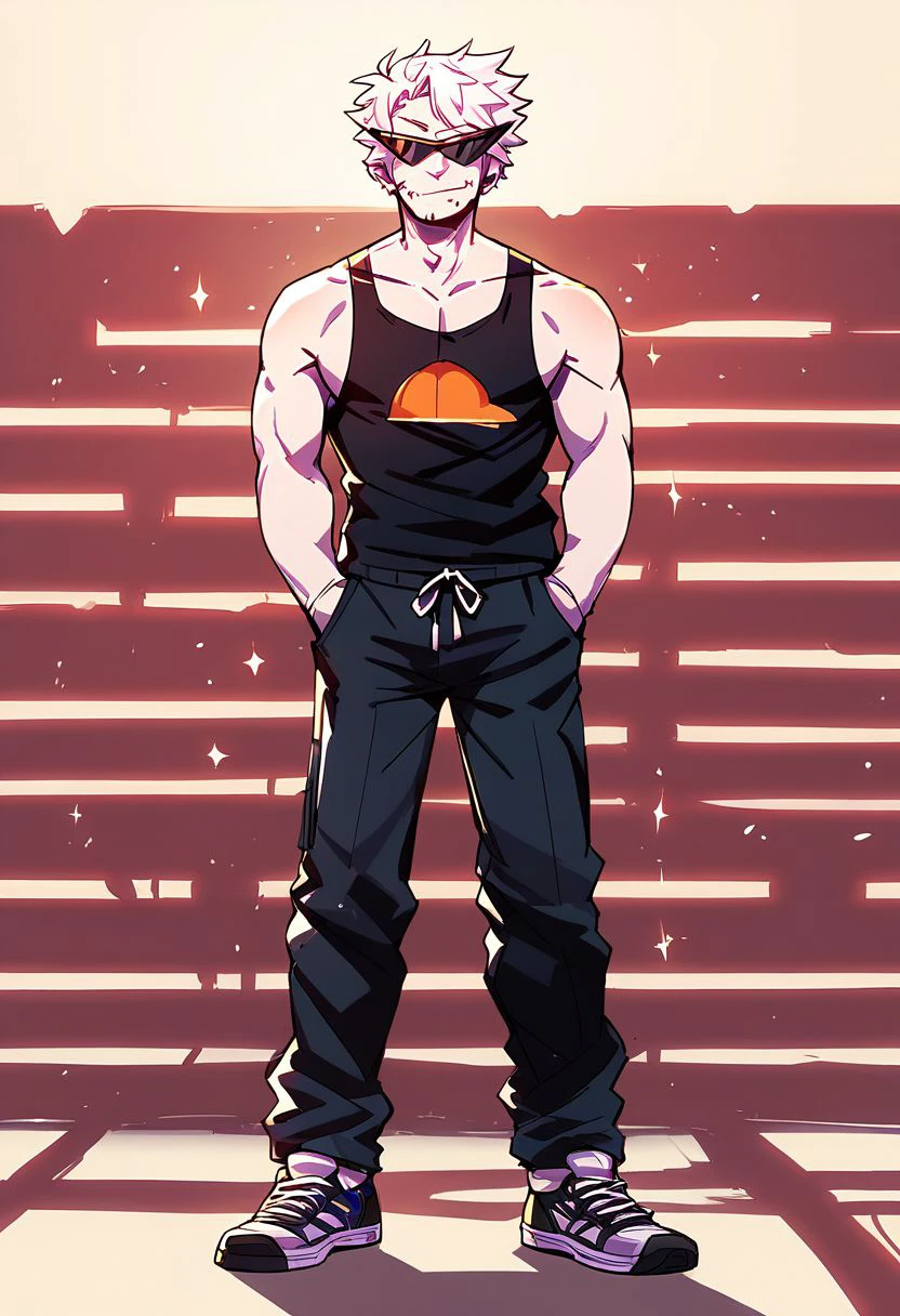 score_9, score_8_up, score_7_up, score_6_up, score_5_up, score_4_up, Dirk strider, male, black tank top, full body, standing, facing veiwer, smirk, black sweatpants<lora:aesthetic_anime_v1s:1> <lora:xl_more_art-full_v1:1> white hair, white skin, sunglasses, black tank top