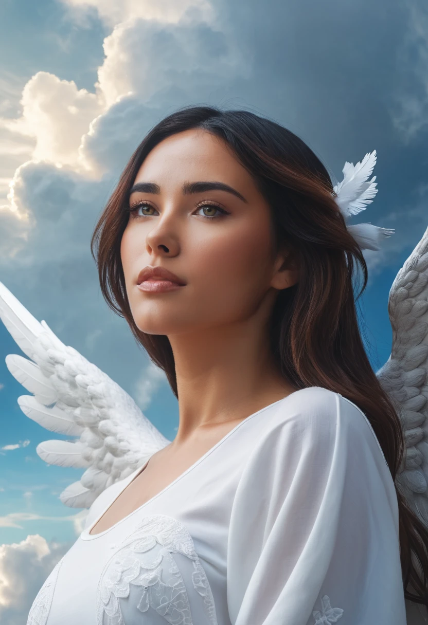 concept art close-up photo of a m4d1s0n a woman, as an angel, cloudy, in heaven,  looking at viewer,  <lora:mad2024jug:.8> . digital artwork, illustrative, painterly, matte painting, highly detailed