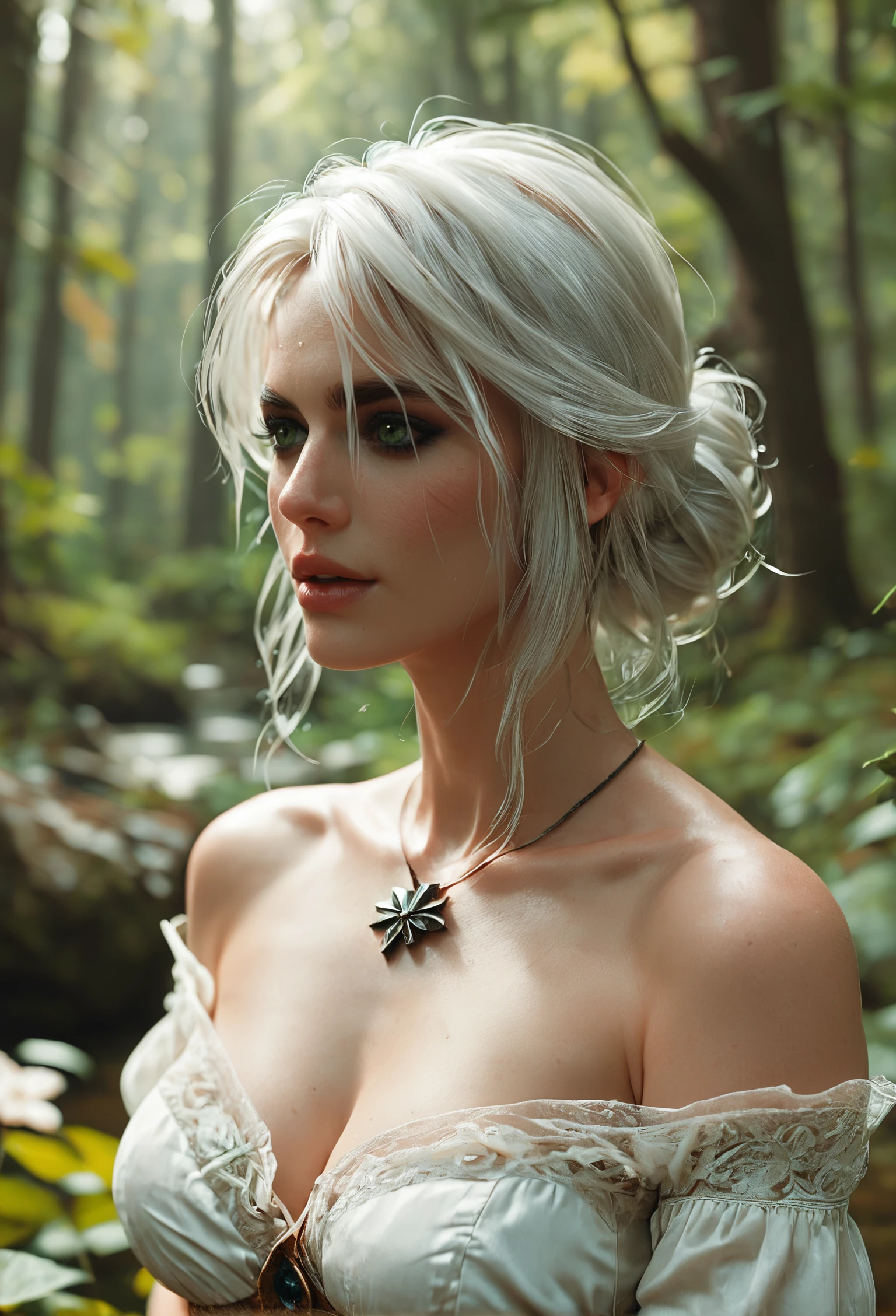 score_9, score_8_up, score_7_up, Ciri from "The Witcher" series races through an enchanted forest, teleporting with ease. Her fierce spirit and the mysterious powers that she wields captivate all who encounter her, her dynamic presence marked by her distinctive ashen hair and agile form.