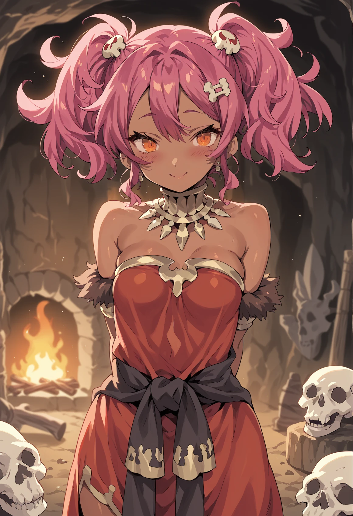 1girl, solo, dark skin, evil, evil smile, reaching viewer, orange eyes, pink hair, messy hair, twintails, hands behind back, closing to the viewer, cavewoman, fur, bone hair ornament, jewelry prehistoric, evil smile, closed mouth, blush, indoors, cave, bonfire, blurry  <lora:Blade_Galaxist_HARD:1>, score_9, score_8_up, score_7_up, score_6_up, score_5_up, score_4_up, BREAK source_anime, masterpiece