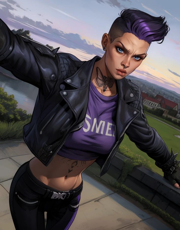 karleeb4b,blue eyes,short hair,undercut,purple hair,piercing,
black jacket,sweater,midriff,tattoo,fingerless gloves,serious,black pants,
outdoors,looking at viewer,evening,town,
(insanely detailed,  masterpiece, best quality),solo,<lora:KarleeB4B:0.8>,